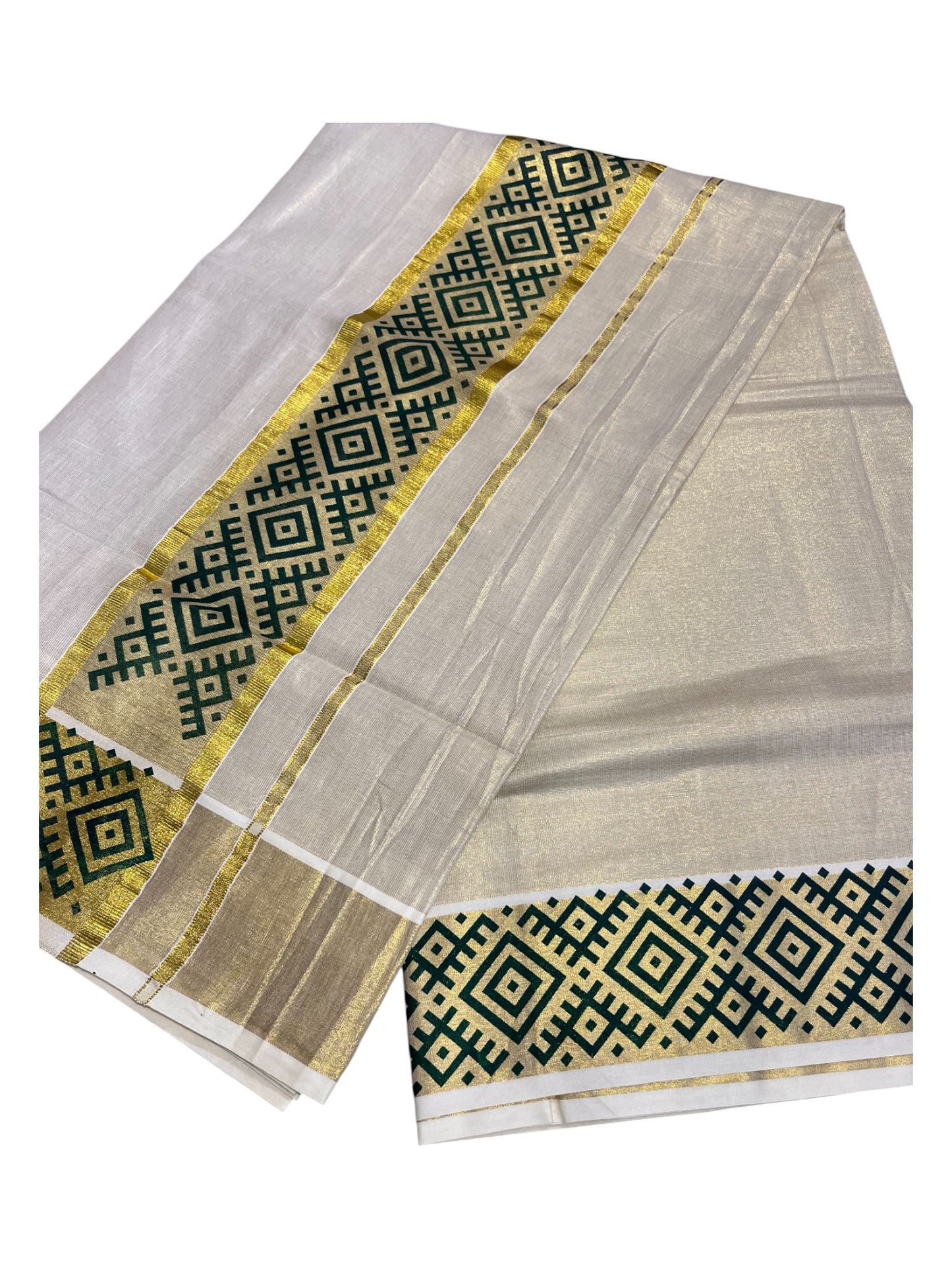 Southloom Kerala Tissue Kasavu Plain Saree Green Hand Printed