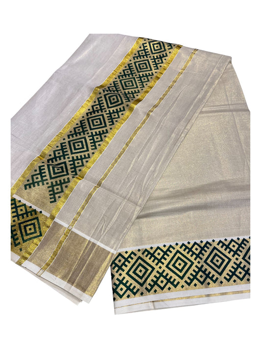 Southloom Kerala Tissue Kasavu Plain Saree Green Hand Printed