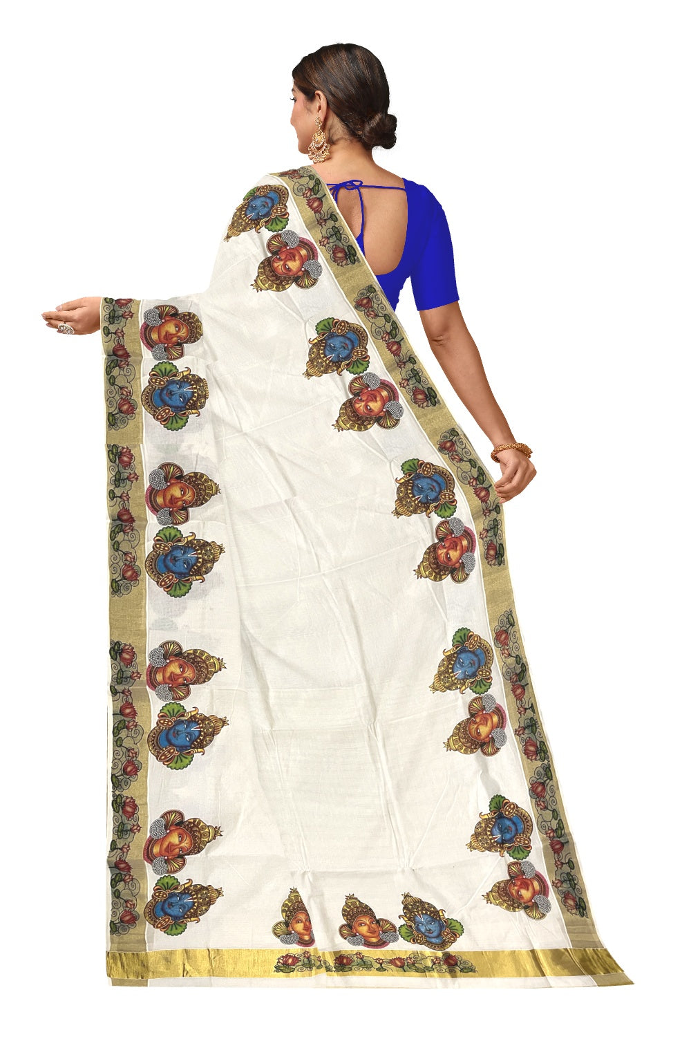 Pure Cotton Kerala Kasavu Saree with Mural Printed Krishna Radha and Lotus Design