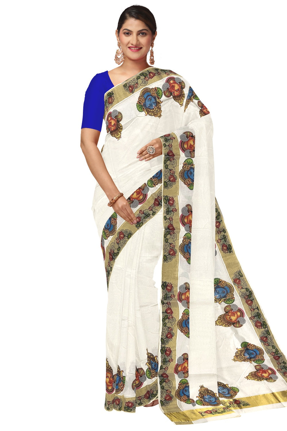 Pure Cotton Kerala Kasavu Saree with Mural Printed Krishna Radha and Lotus Design