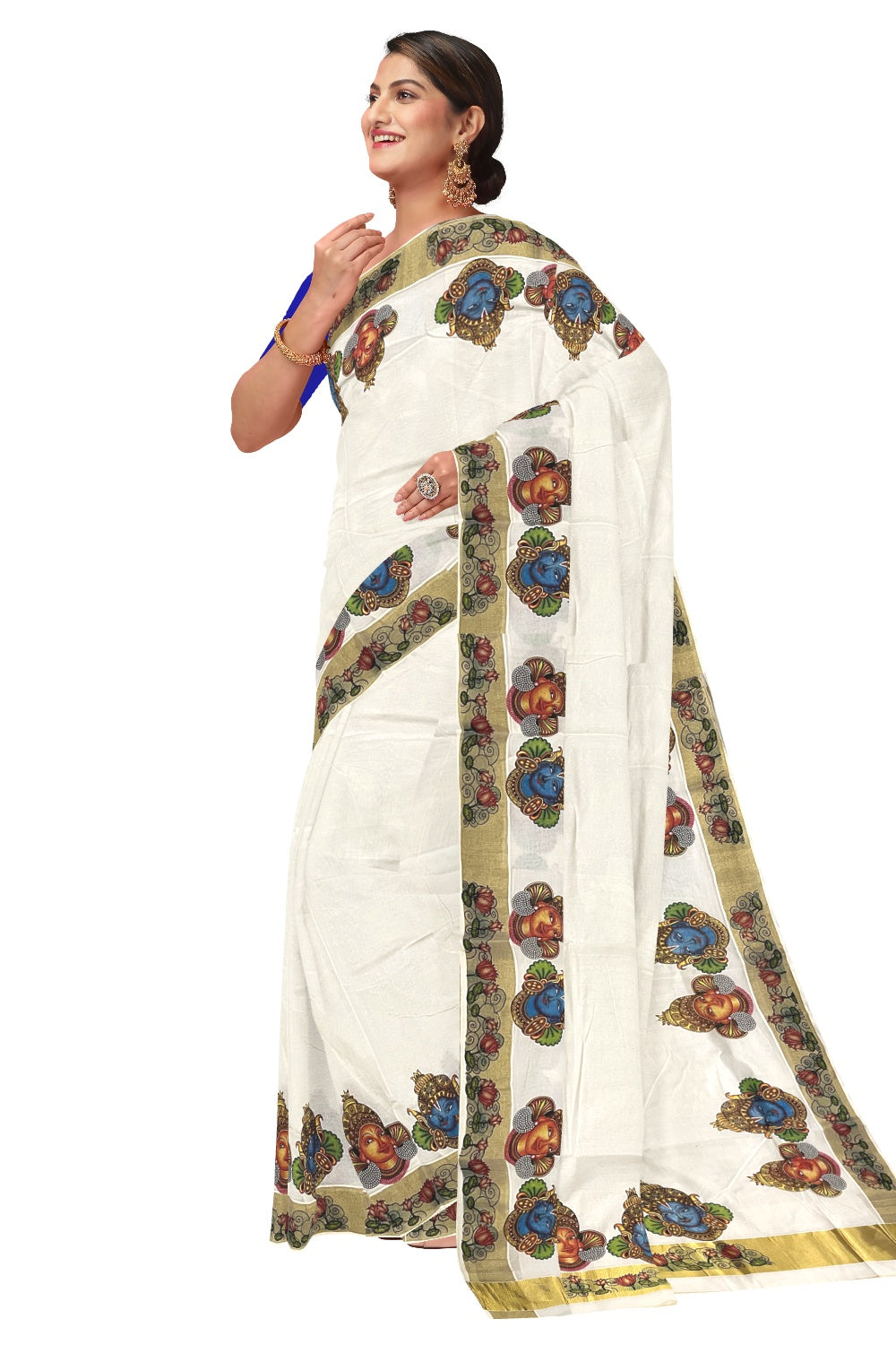 Pure Cotton Kerala Kasavu Saree with Mural Printed Krishna Radha and Lotus Design