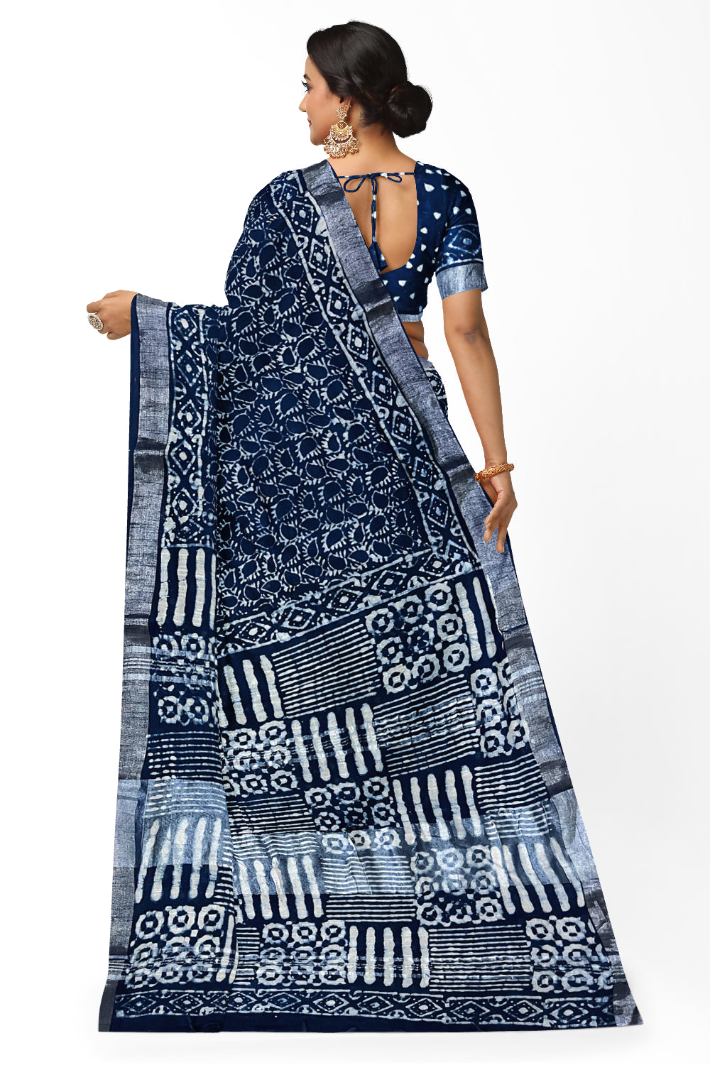 Southloom Linen Indigo Blue Saree with White Designer Prints and Tassels works on Pallu