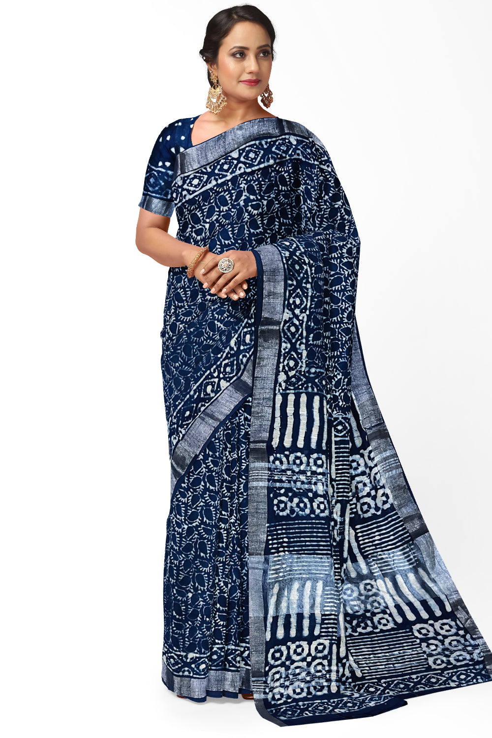 Southloom Linen Indigo Blue Saree with White Designer Prints and Tassels works on Pallu