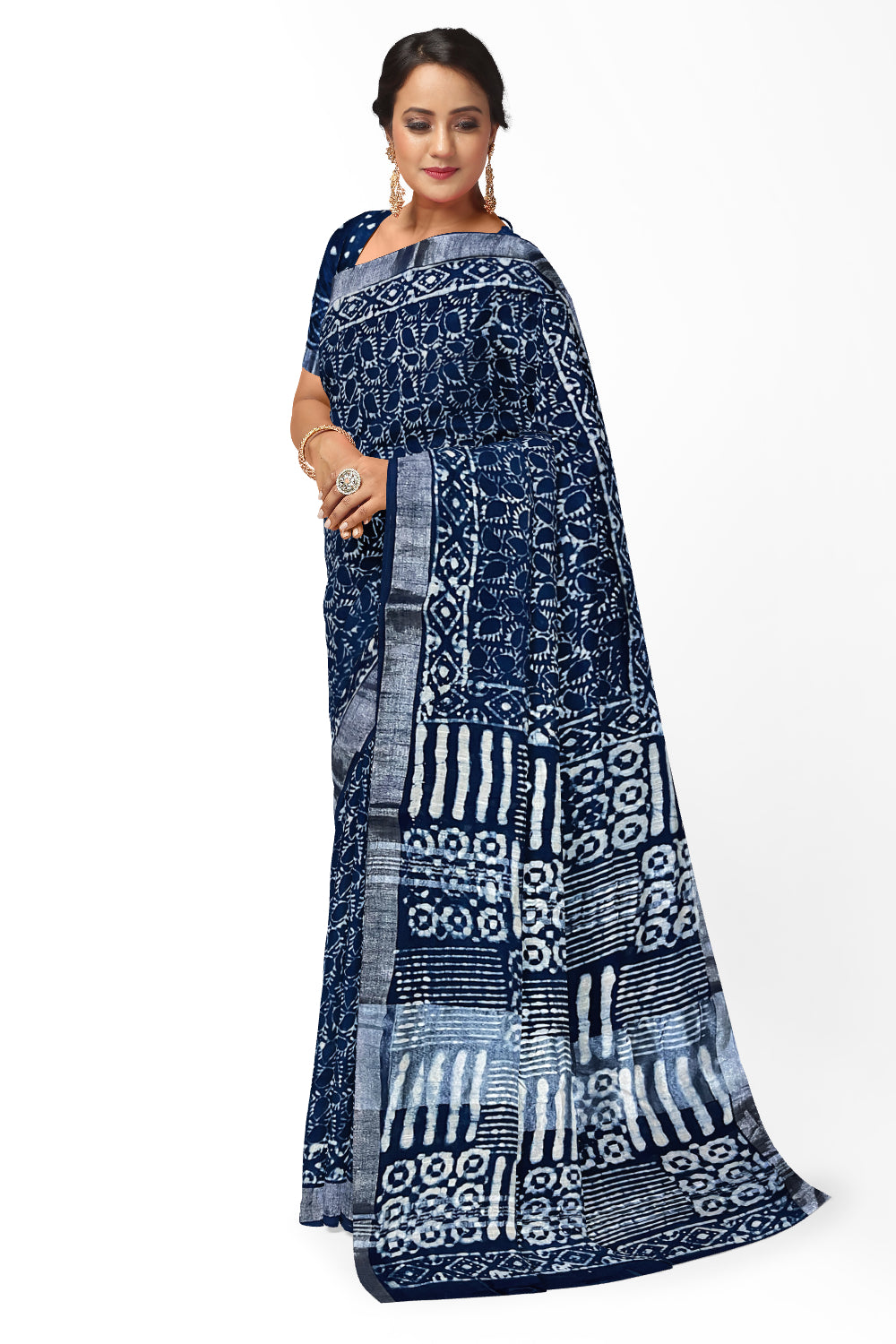 Southloom Linen Indigo Blue Saree with White Designer Prints and Tassels works on Pallu