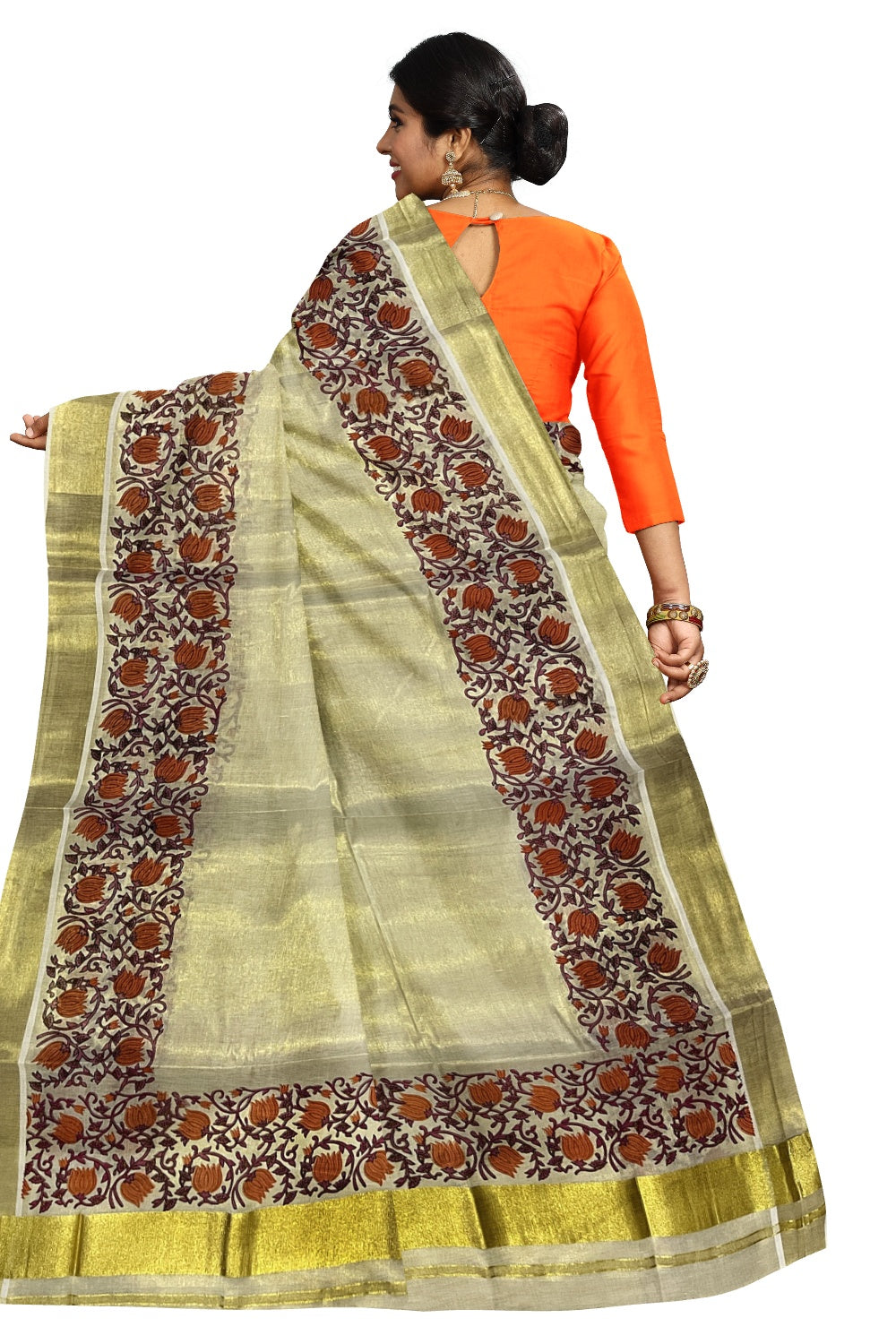 Southloom Jaipur Artisans & Kerala Weavers Collab Orange Floral Printed Tissue Kasavu Saree (Onam Collection 2024)