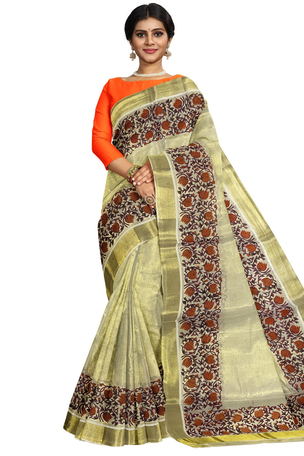 Southloom Jaipur Artisans & Kerala Weavers Collab Orange Floral Printed Tissue Kasavu Saree (Onam Collection 2024)