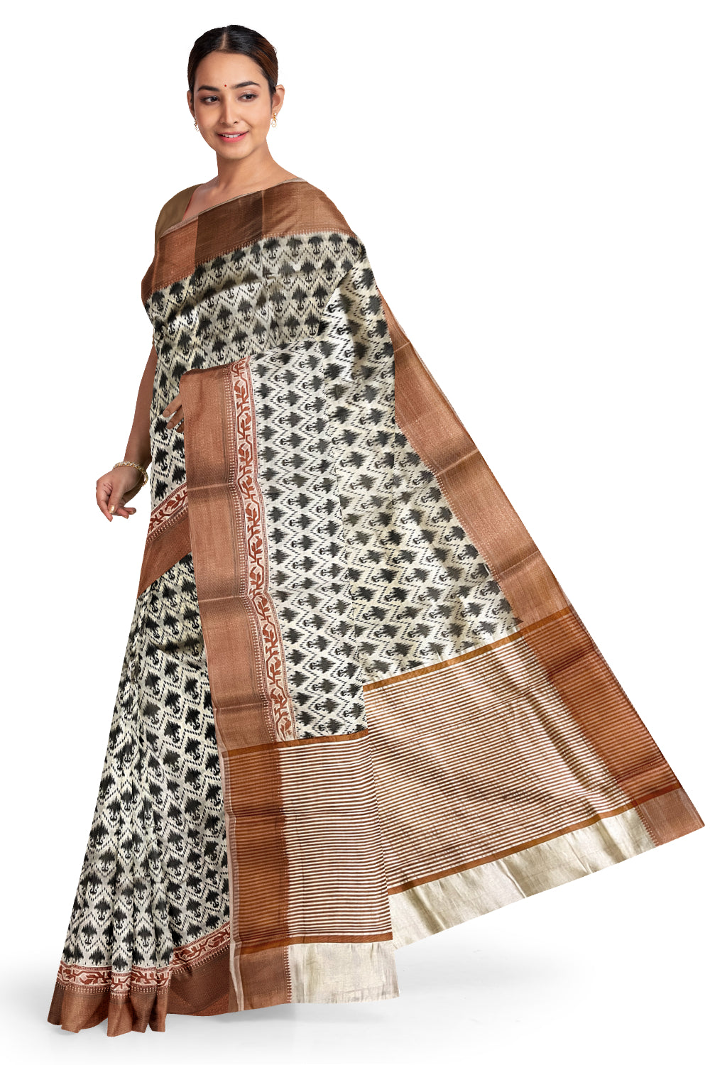 Southloom Semi Silk White Designer Printed Saree with Copper Border