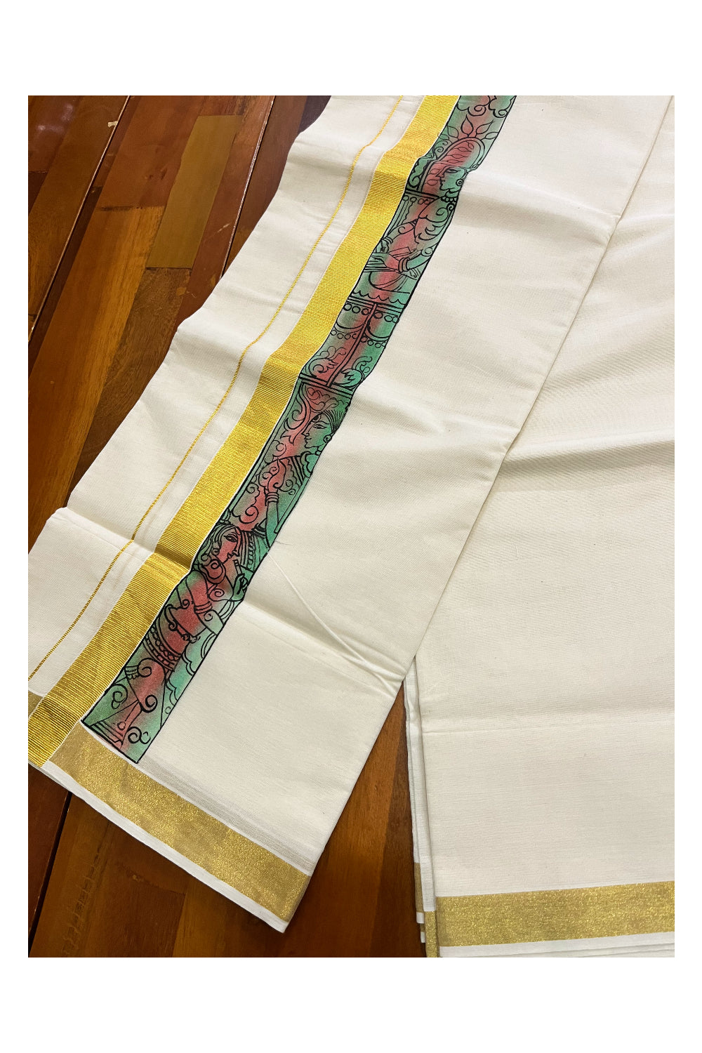 Pure Cotton Kerala Double Mundu with Hand Painted Designs on Kasavu Border (Vishu Collection 2024)