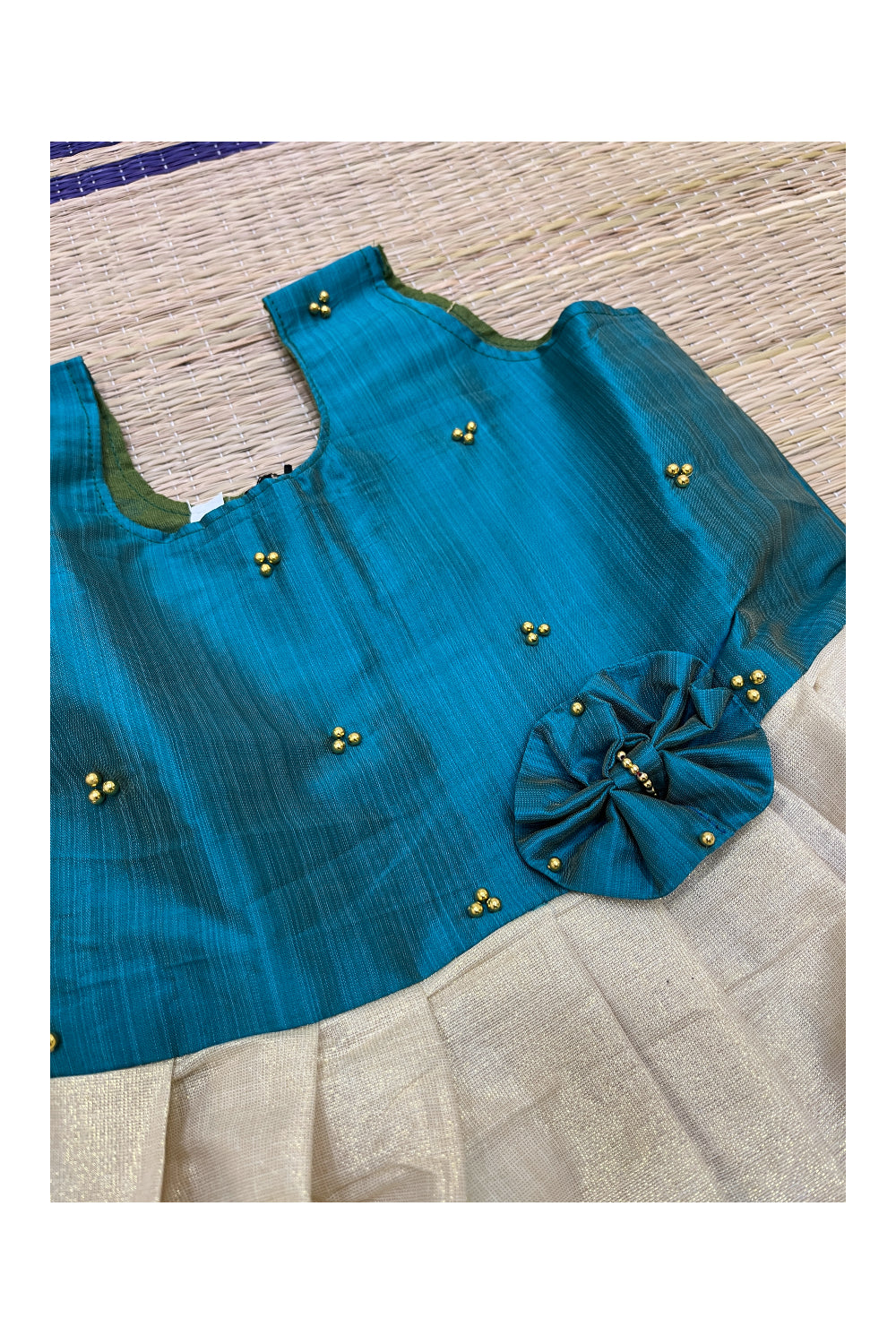 Southloom Kerala Tissue Frock with Green Bead Work Designs for Kids (4 Years)