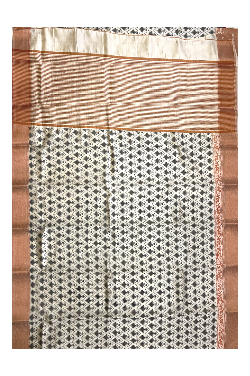 Southloom Semi Silk White Designer Printed Saree with Copper Border