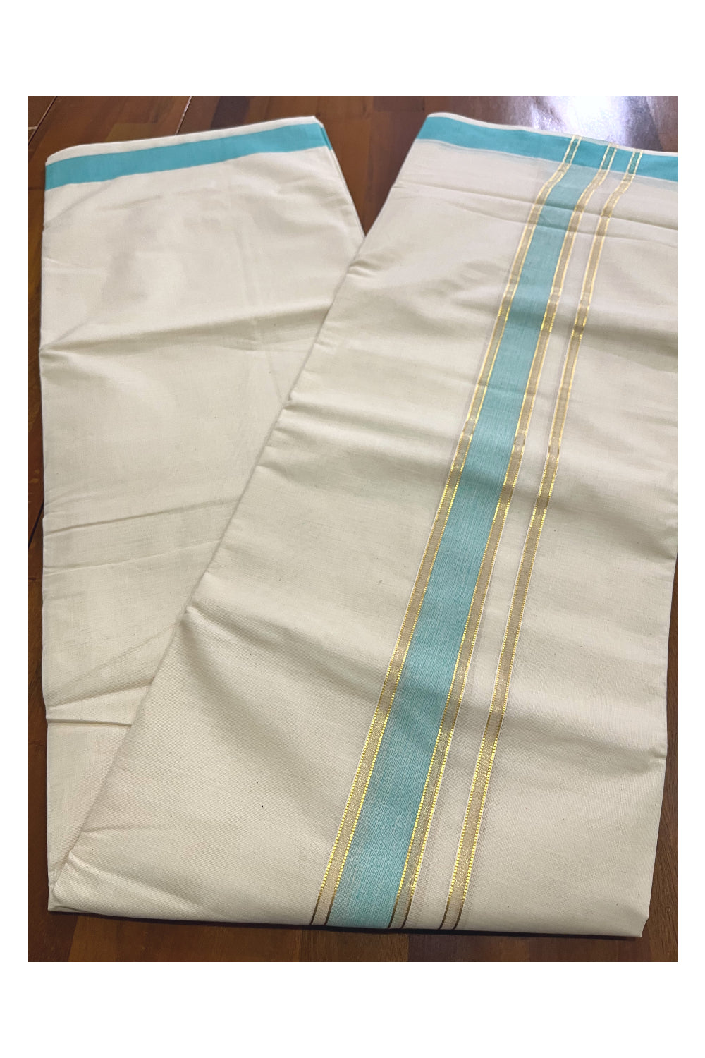 Off White Kerala Cotton Double Mundu with Kasavu and Turquoise Border (South Indian Kerala Dhoti)