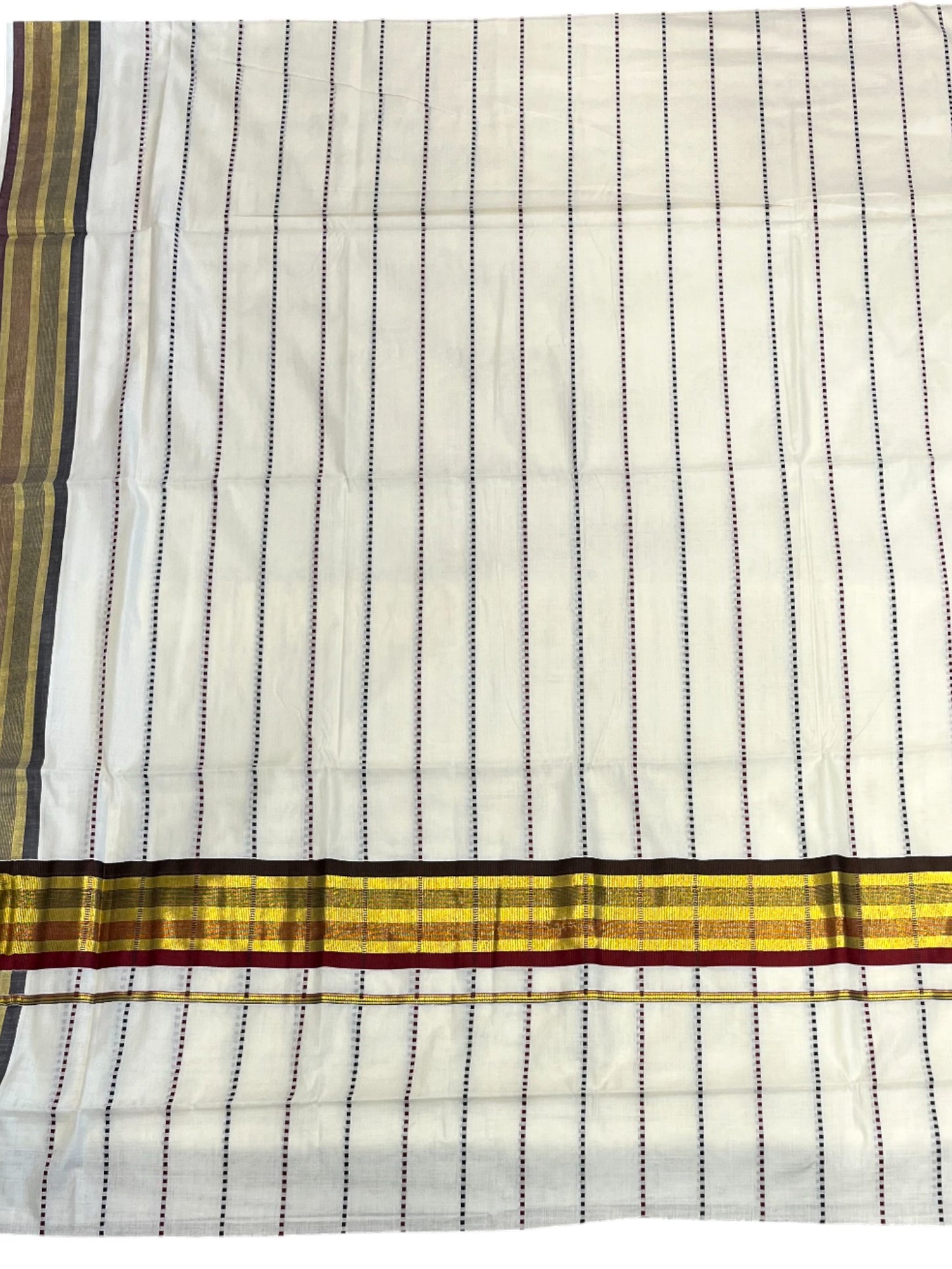 Southloom Cotton Kasavu Saree with Maroon and Brown Thread Work Across Body