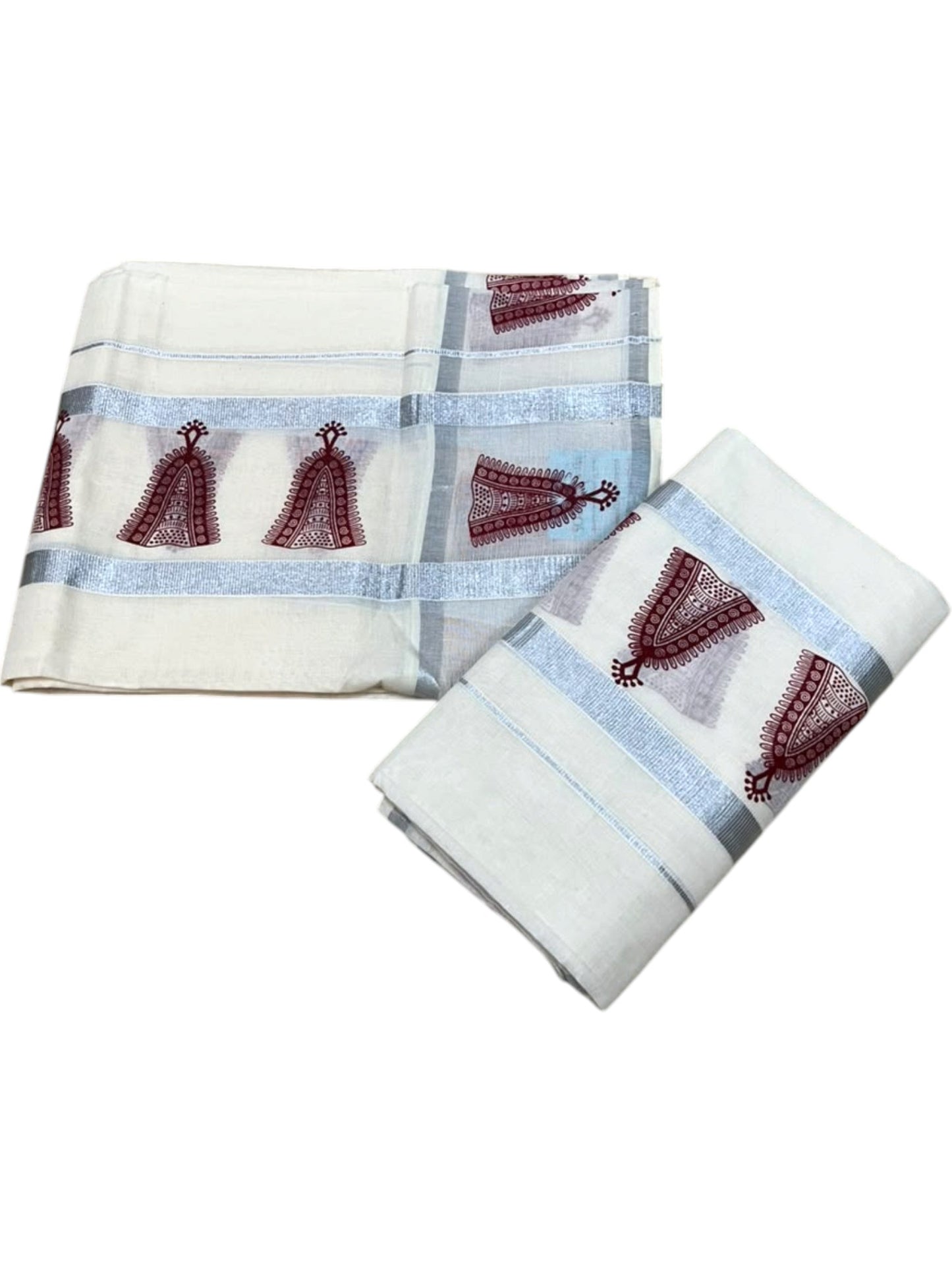 Southloom Pure Cotton Kerala Single Set Mundu (Mundum Neriyathum) with Maroon Printed And Silver Border 2.80 Mtrs