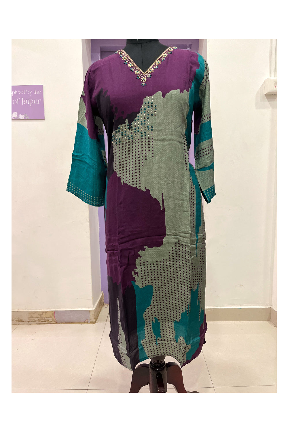 Southloom Stitched Semi Silk Salwar Set in Purple Green Printed and Sequins Designs