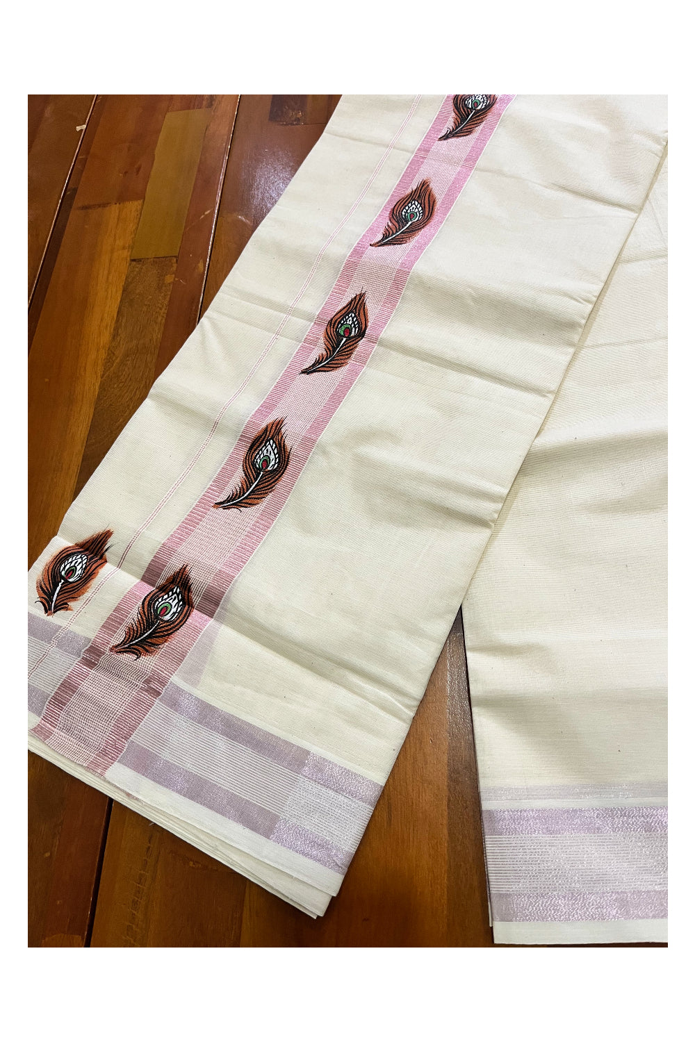 Pure Cotton Kerala Double Mundu with Rose Copper Kasavu Hand Painted Feather Design Border (South Indian Kerala Dhoti)