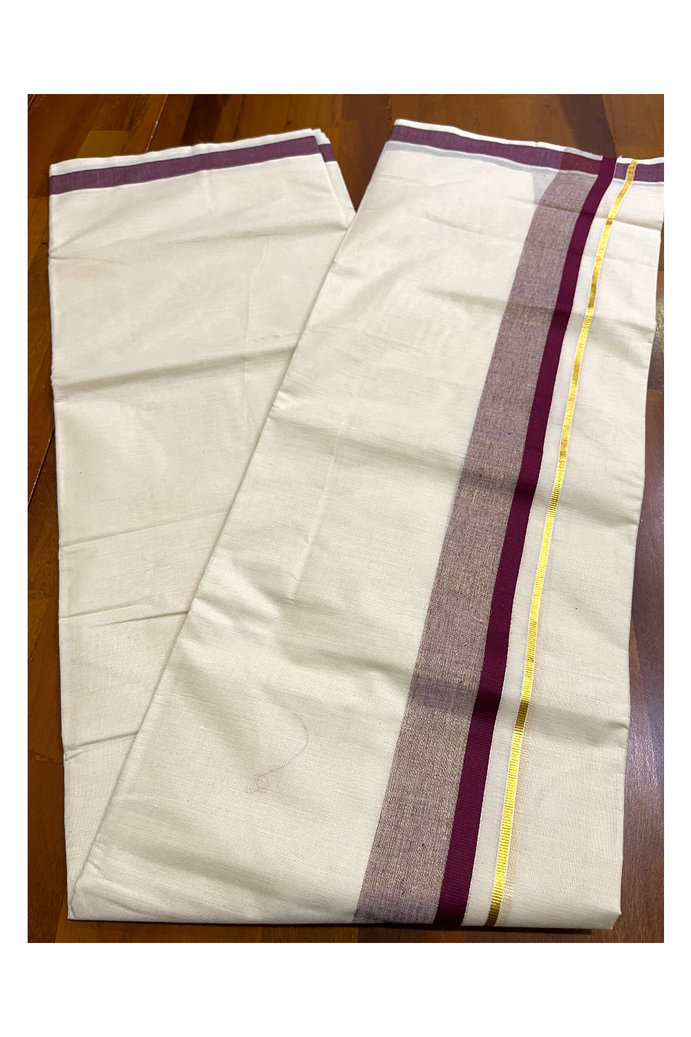 Kerala Pure Cotton Double Mundu with Purple and Kasavu Border (South Indian Kerala Dhoti)