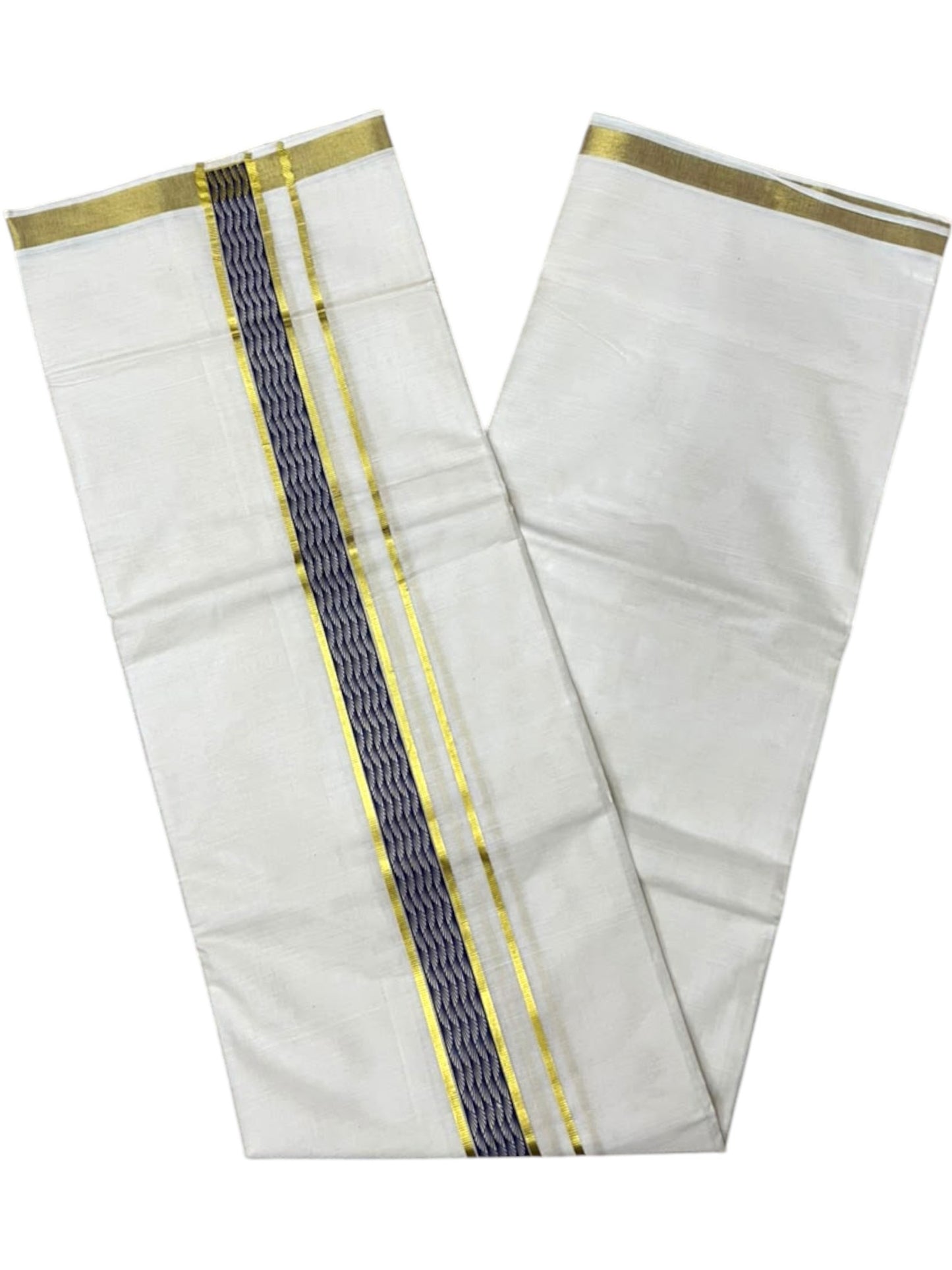 Southloom Pure Cotton Double Mundu with Blue Block Printed And Ksavu Border (South Indian Kerala Dhoti)