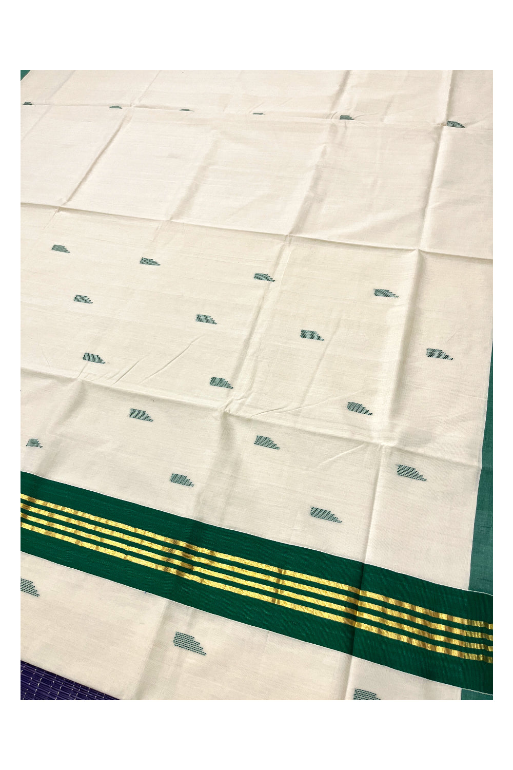 Southloom Premium Balaramapuram Unakkupaavu Handloom Cotton Butta Saree with Kasavu and Green Border