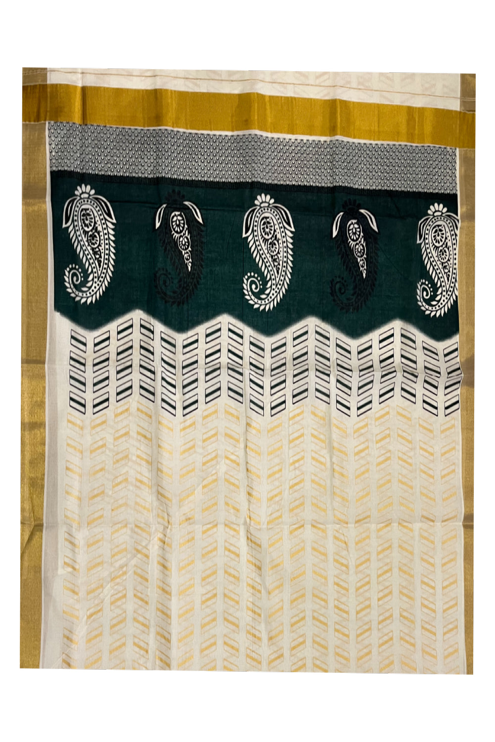 Kerala Cotton Saree with Green Block Prints on Pallu and Golden Block Prints on Body