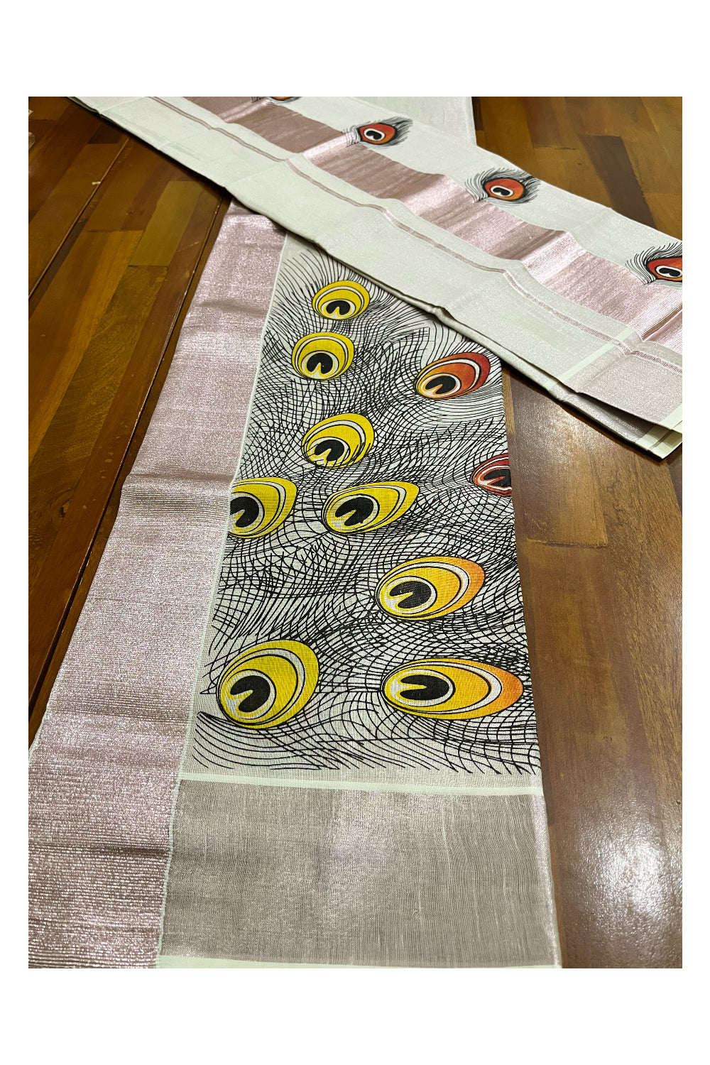 Rose Copper Tissue Single Set Mundu (Mundum Neriyathum) with Feather Block Printed Designs (Vishu 2024 Collection)