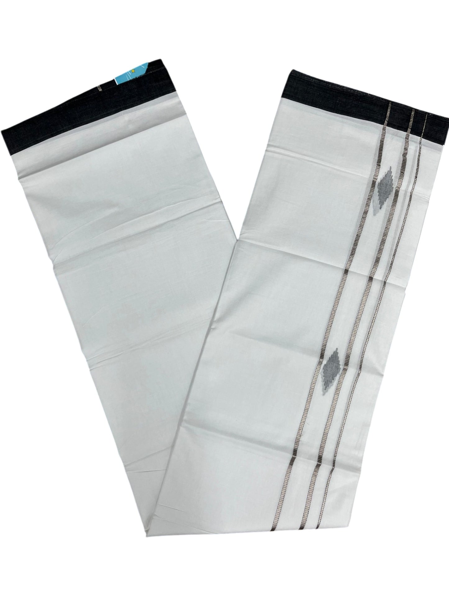 Southloom Pure White Cotton Mundu with Black & Silver Line Border (South Indian Kerala Dhoti)