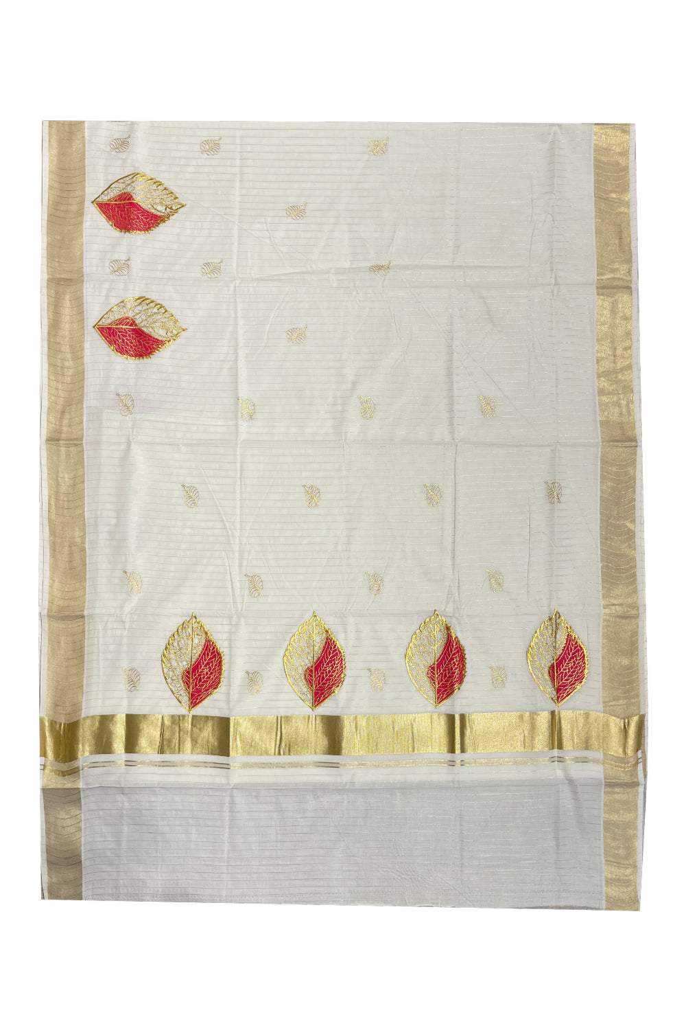 Southloom Kasavu Lines Saree with High Quality Embroidery Work in Kasavu and Reddish Pink