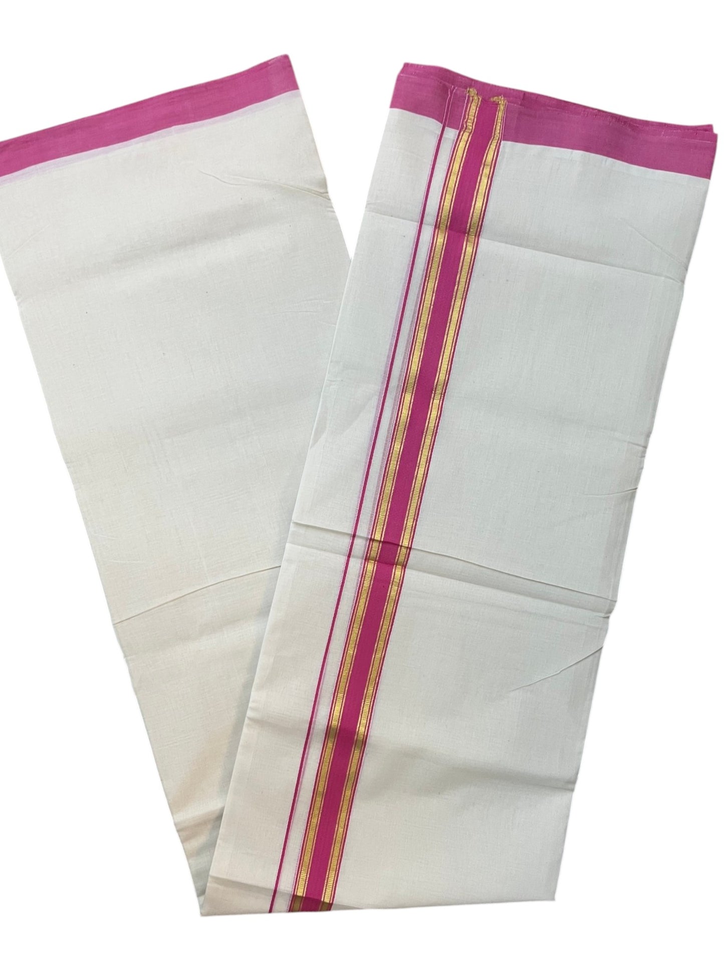 Southloom Pure Cotton Mundu with Golden Lines and Magenta Border (South Indian Kerala Dhoti)