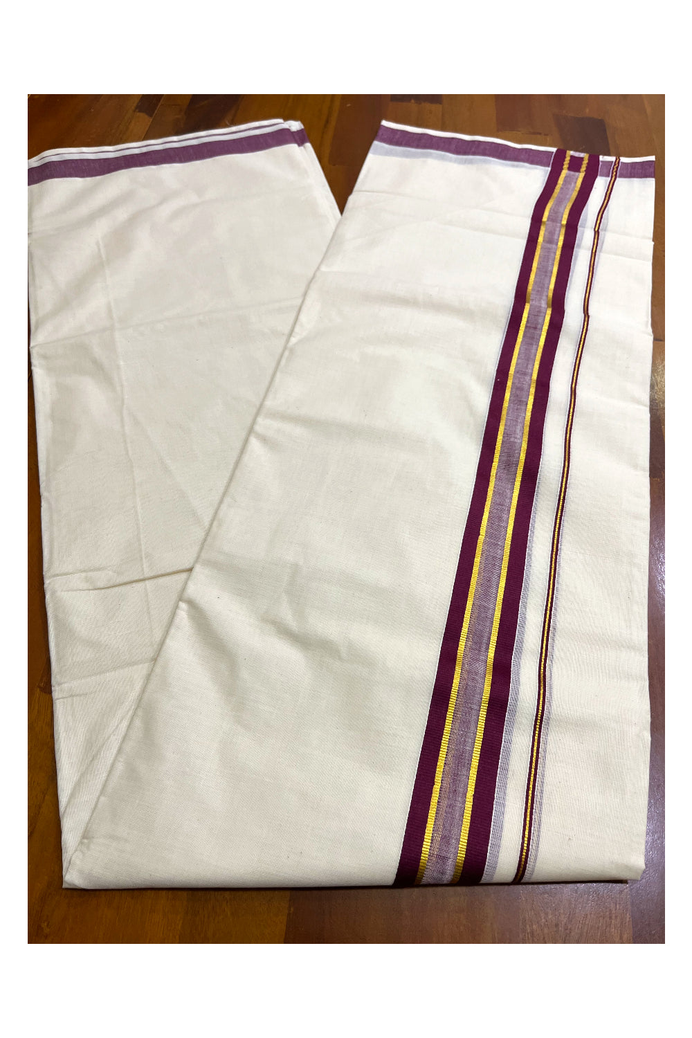 Kerala Pure Cotton Double Mundu with Kasavu And Purple Border (South Indian Kerala Dhoti)