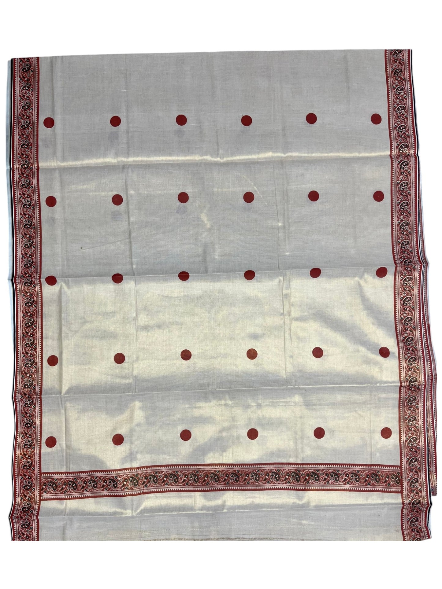 Southloom Kerala Tissue Plain Saree With Orange Polk Dots on Body and Floral Digital Prints in Borders