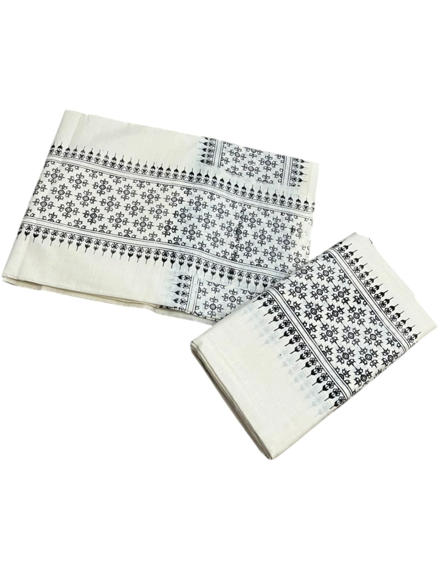 Southloom Kerala Cotton Set Mundu (Mundum Neriyathum) with Black Floral Prints on Border-2.80Mtrs SL625