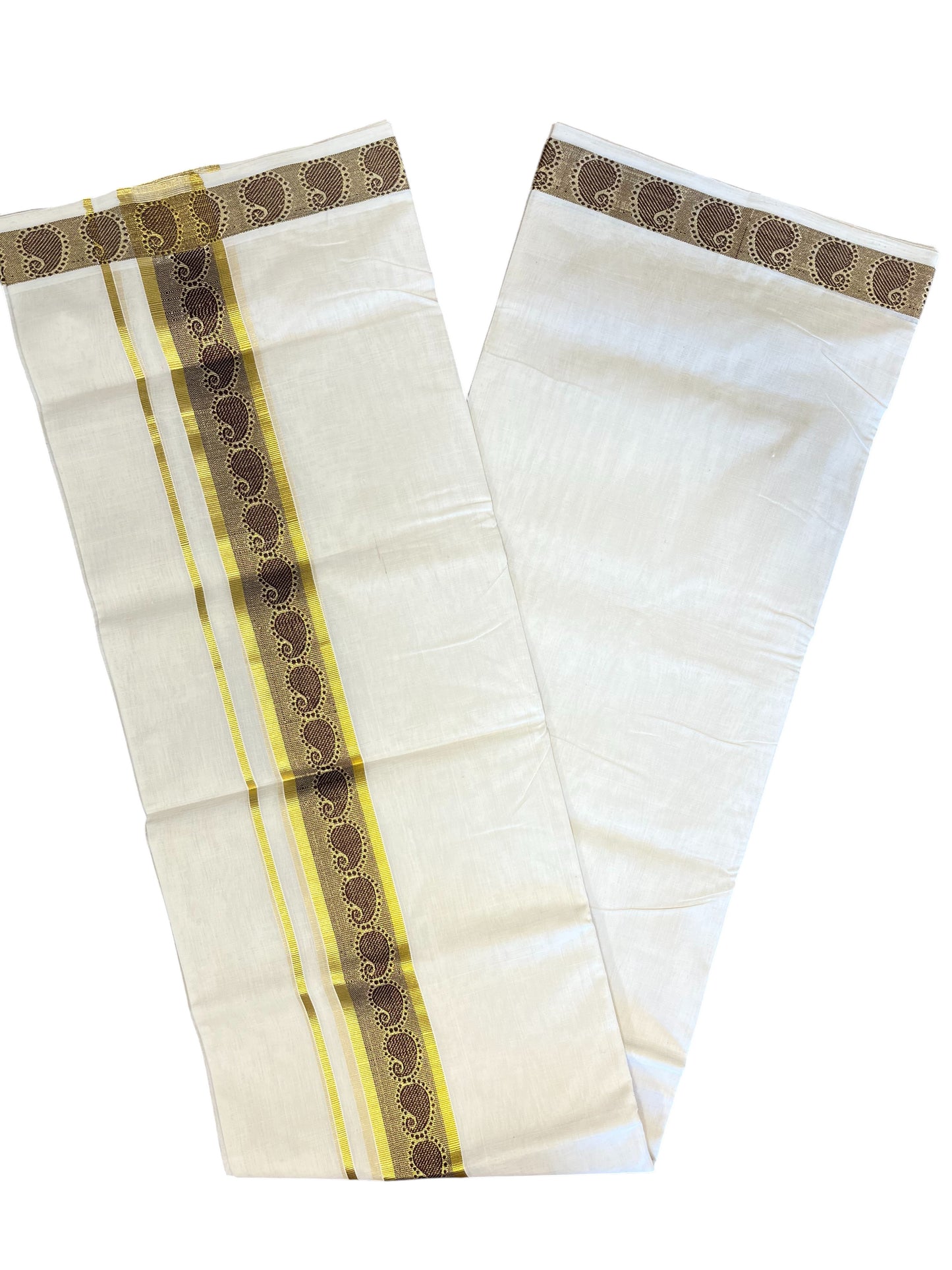 Southloom Premium Balaramapuram Handloom Wedding Mundu with Brown and Kasavu Woven Border (South Indian Kerala Dhoti)