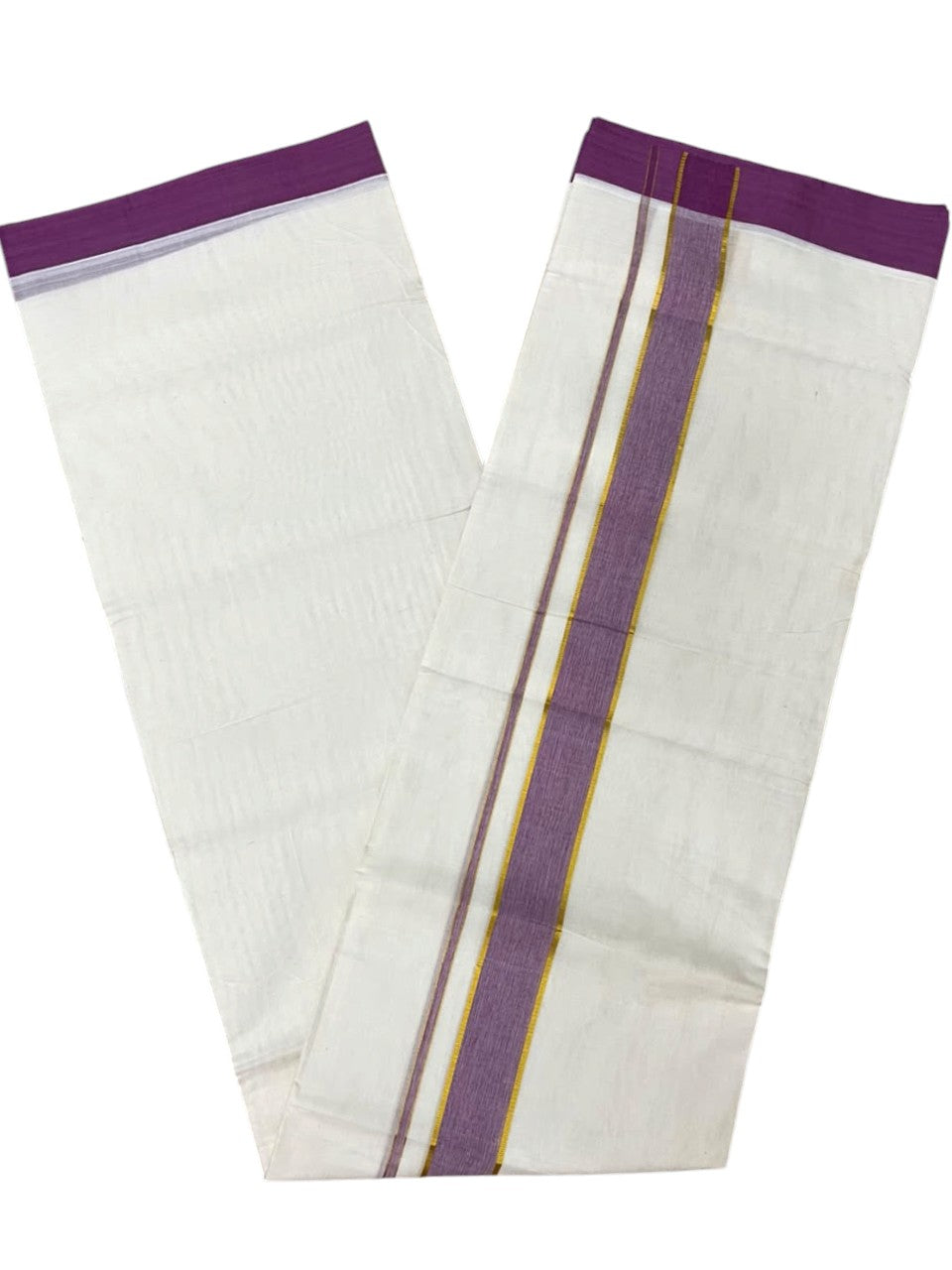 Southloom Pure Cotton Mundu with Siver Lines and Lavender Border (South Indian Kerala Dhoti)