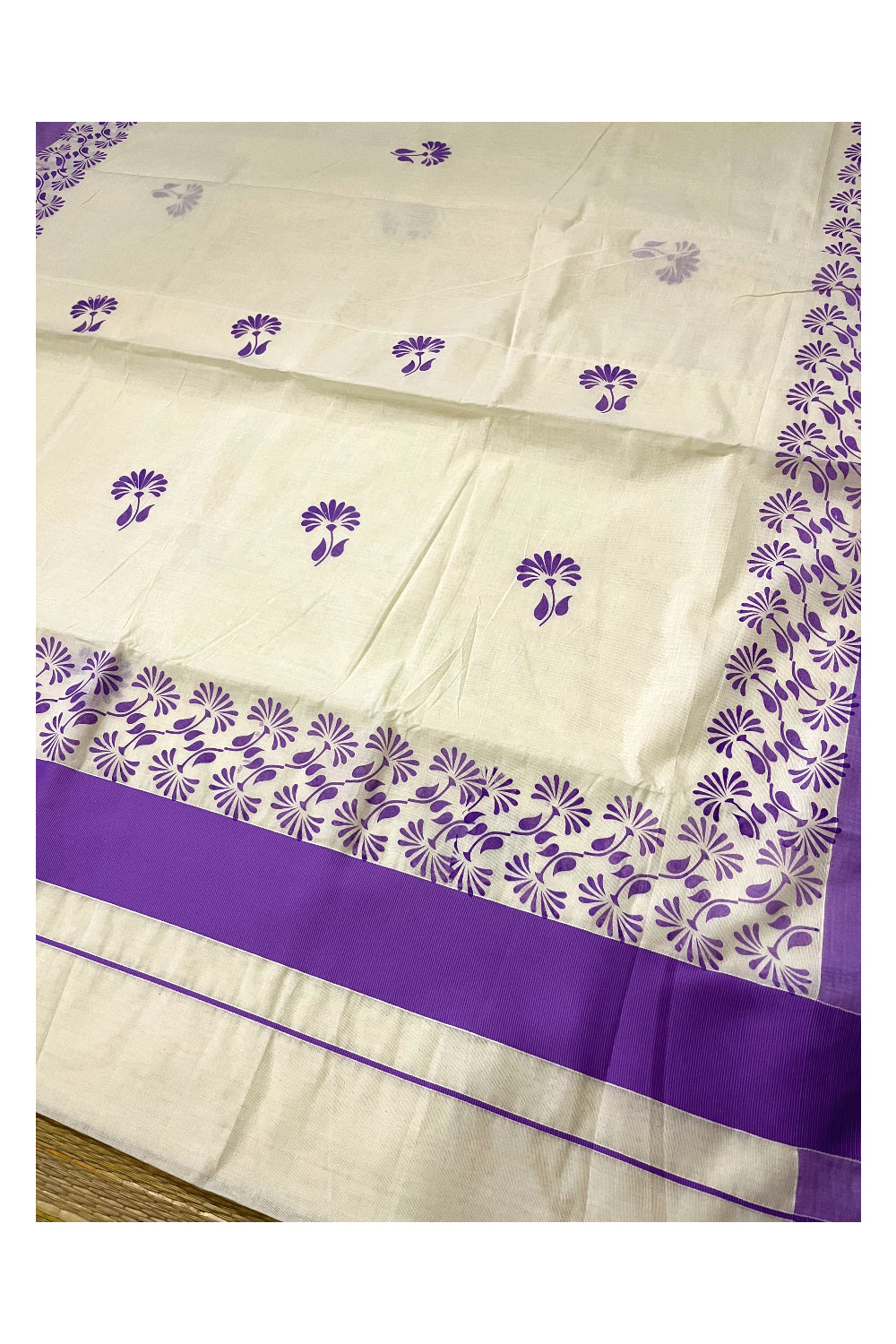 Kerala Pure Cotton Saree with Violet Block Prints on Border