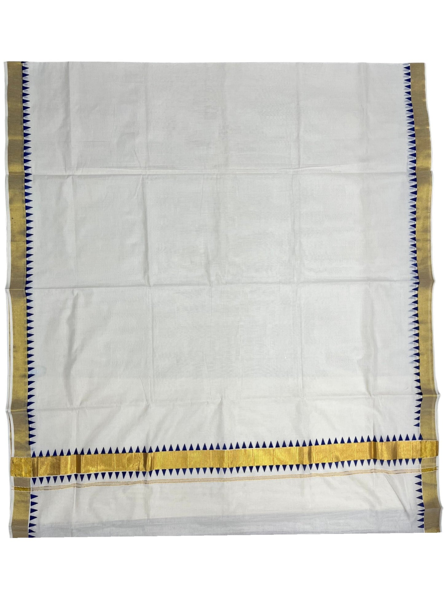 Southloom Cotton Kerala Kasavu Saree with Blue Tample Design Border