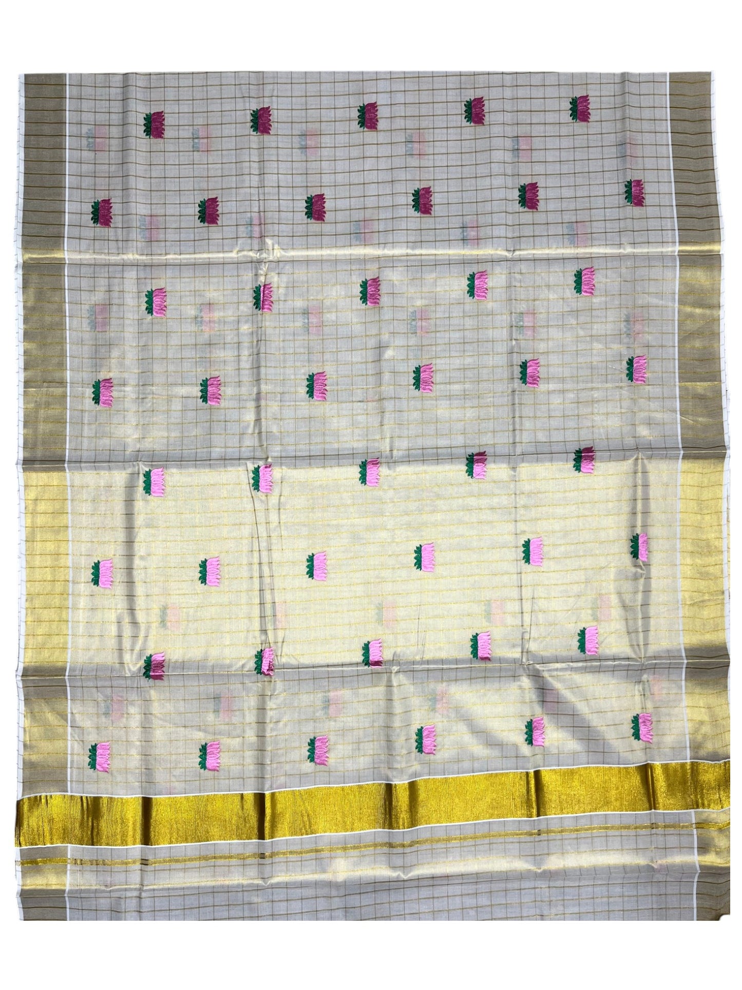 Southloom Kerala Tissue Kasavu Check Saree with Pink And Green Lotus Embroidary Works on Body