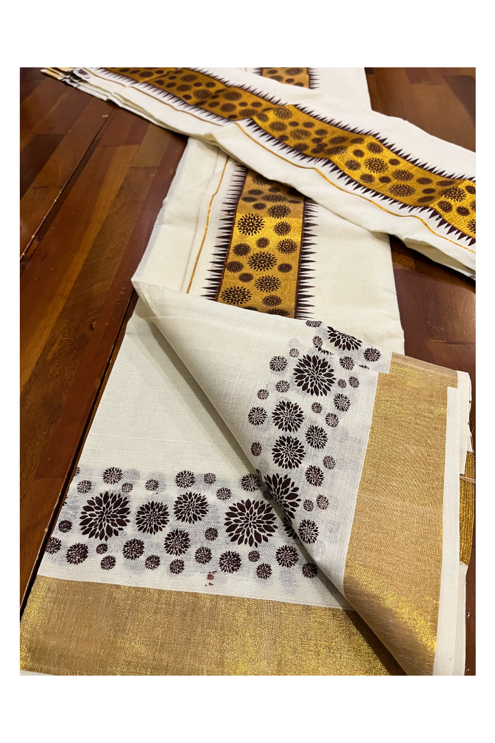 Kerala Pure Cotton Set Mundu Single (Mundum Neriyathum) with Brown Temple Block Prints on Kasavu Border