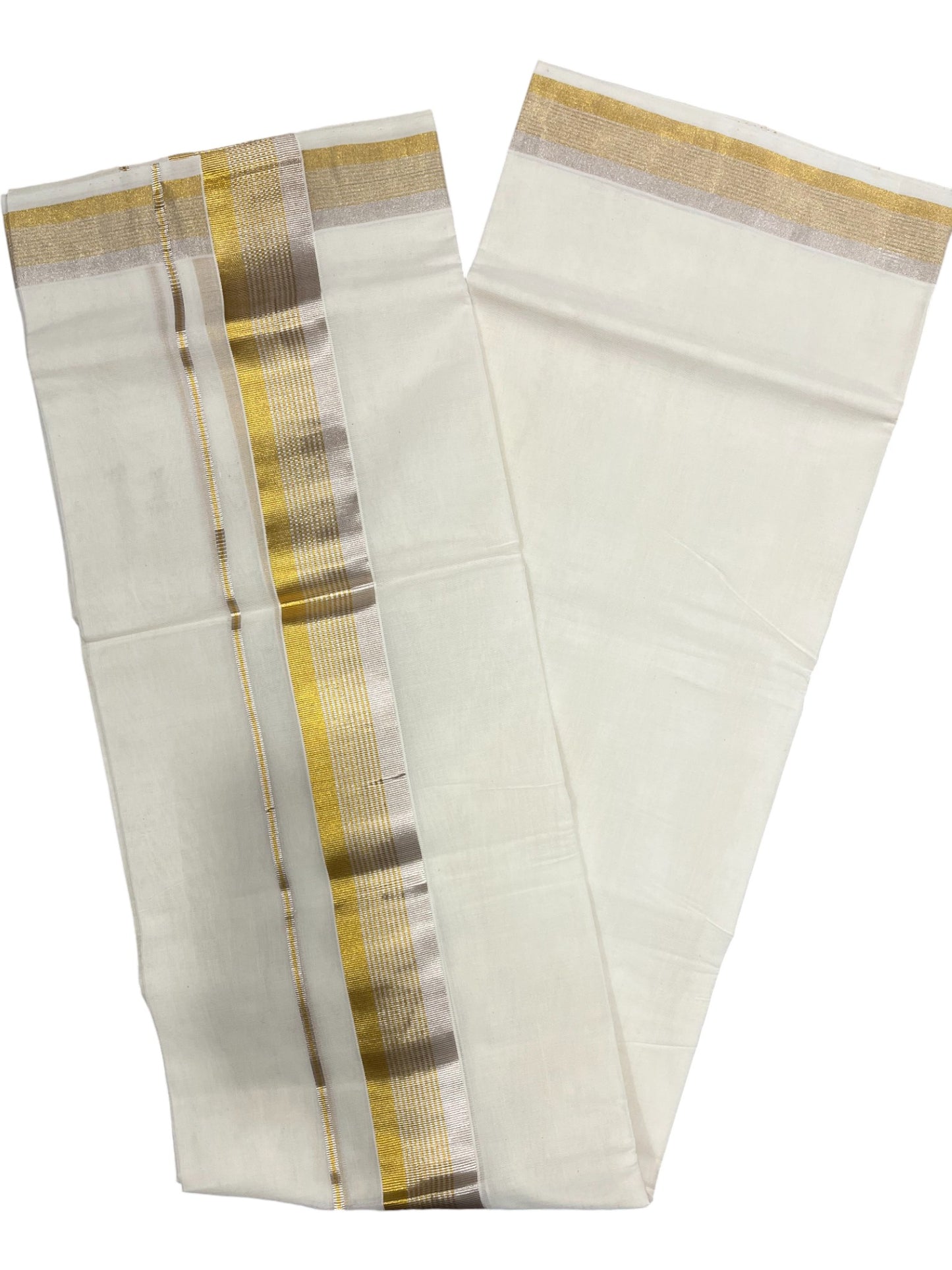 Southloom Premium Handloom Cotton Double Mundu with Gold And Silver Lines Kasavu Border