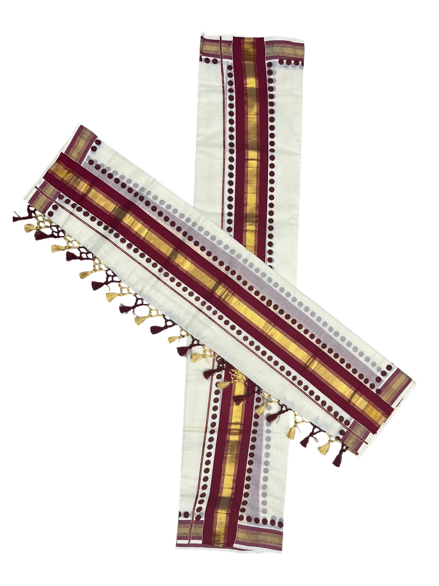 Southloom Kerala Cotton Kasavu Single Set Mundu (Mundum Neriyathum) with Maroon Border With Polka Dots SLKK