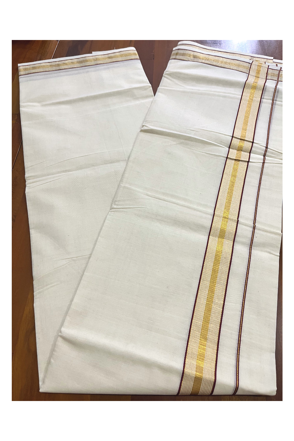 Kerala Pure Cotton Double Mundu with Maroon and Kasavu Lines Border