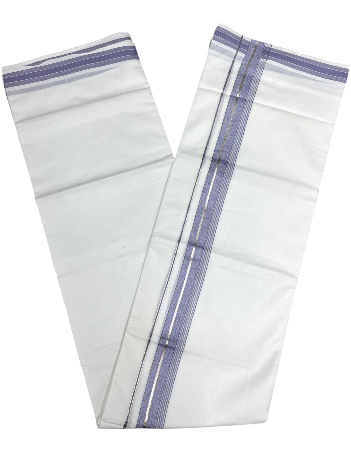 Southloom Kerala Pure White Cotton Double Mundu with Silver Line & Lavender Border (South Indian Dhoti)