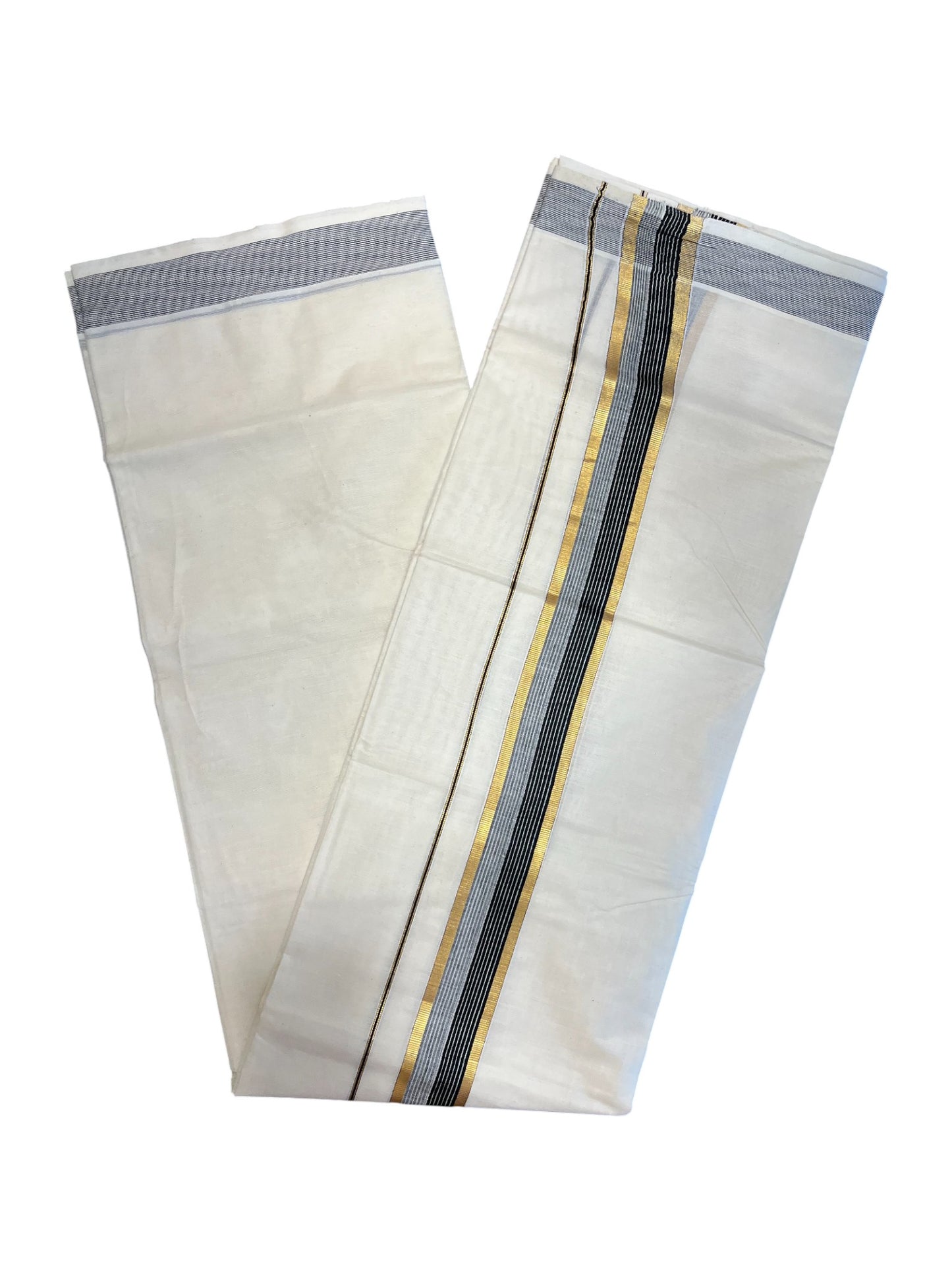 Southloom Pure Cotton  Double Mundu With Gold Kasavu & Black& Gray Lines  Border (South Indian Kerala Dhoti)