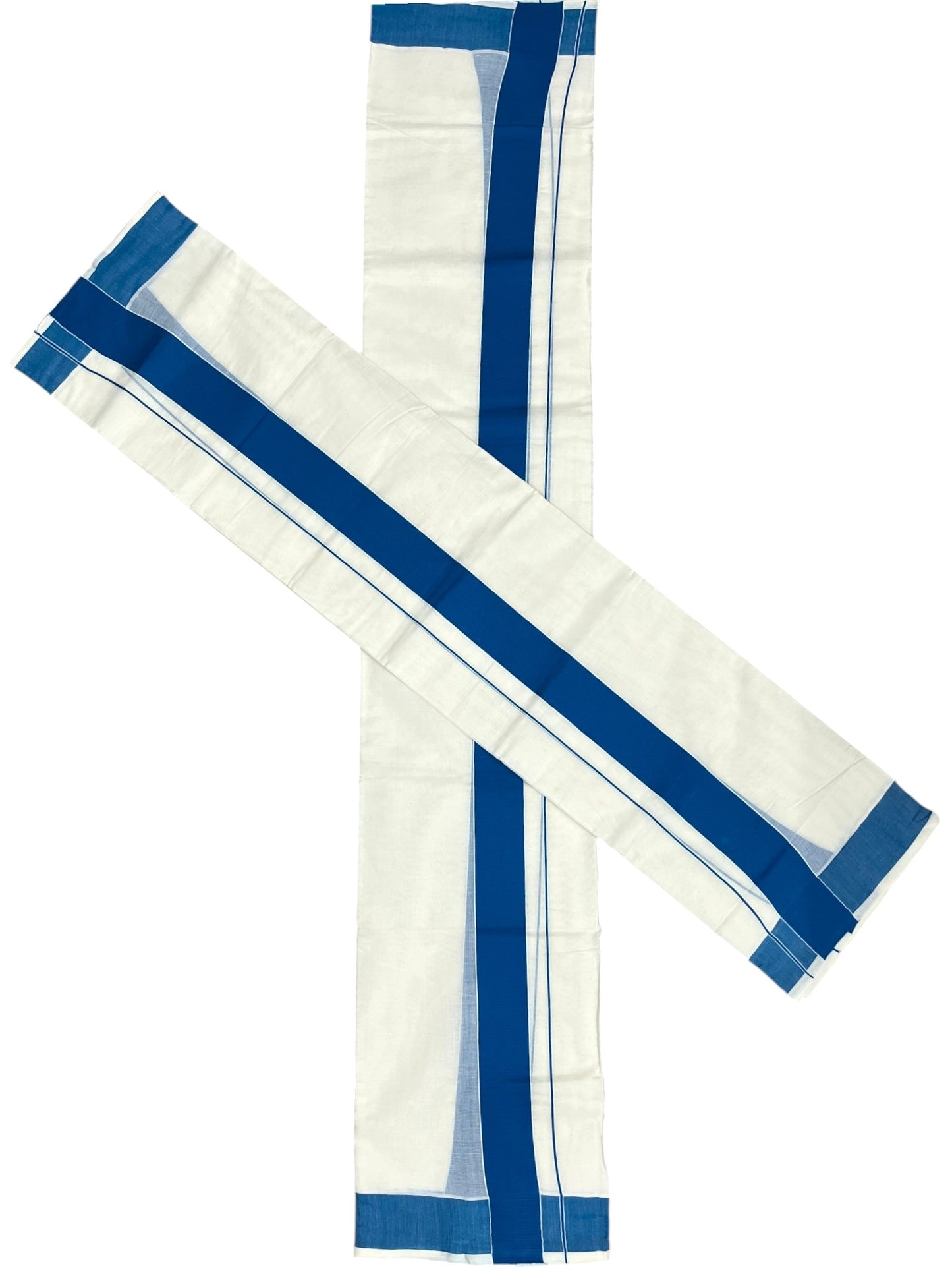 Southloom Kerala Cotton Mundum Neriyathum Single (Set Mundu) with Blue Border 2.80 Mtrs