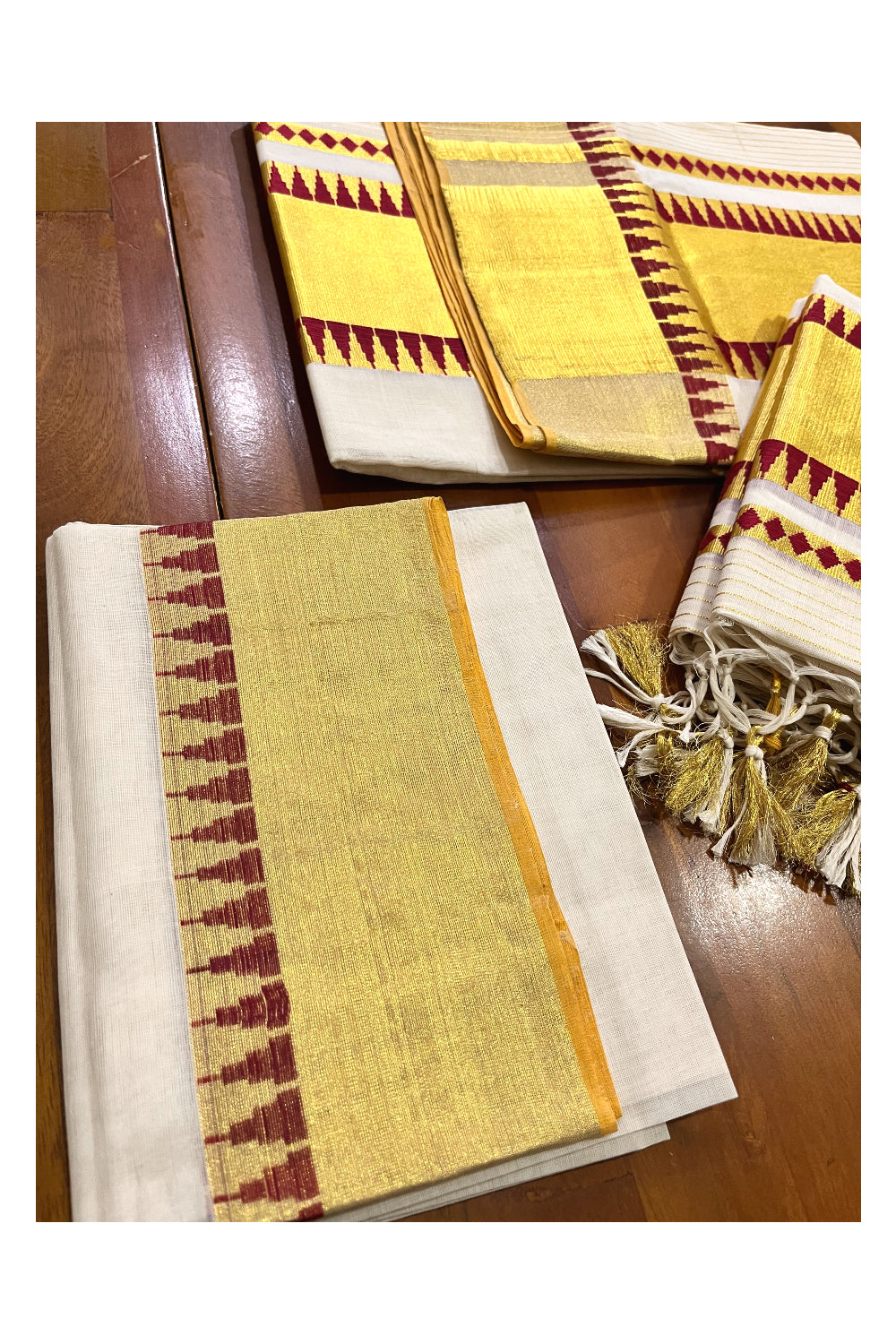 Southloom Super Premium Balaramapuram Handloom Unakkupaavu Cotton Wedding Pudava Set Mundu with Maroon Temple Border