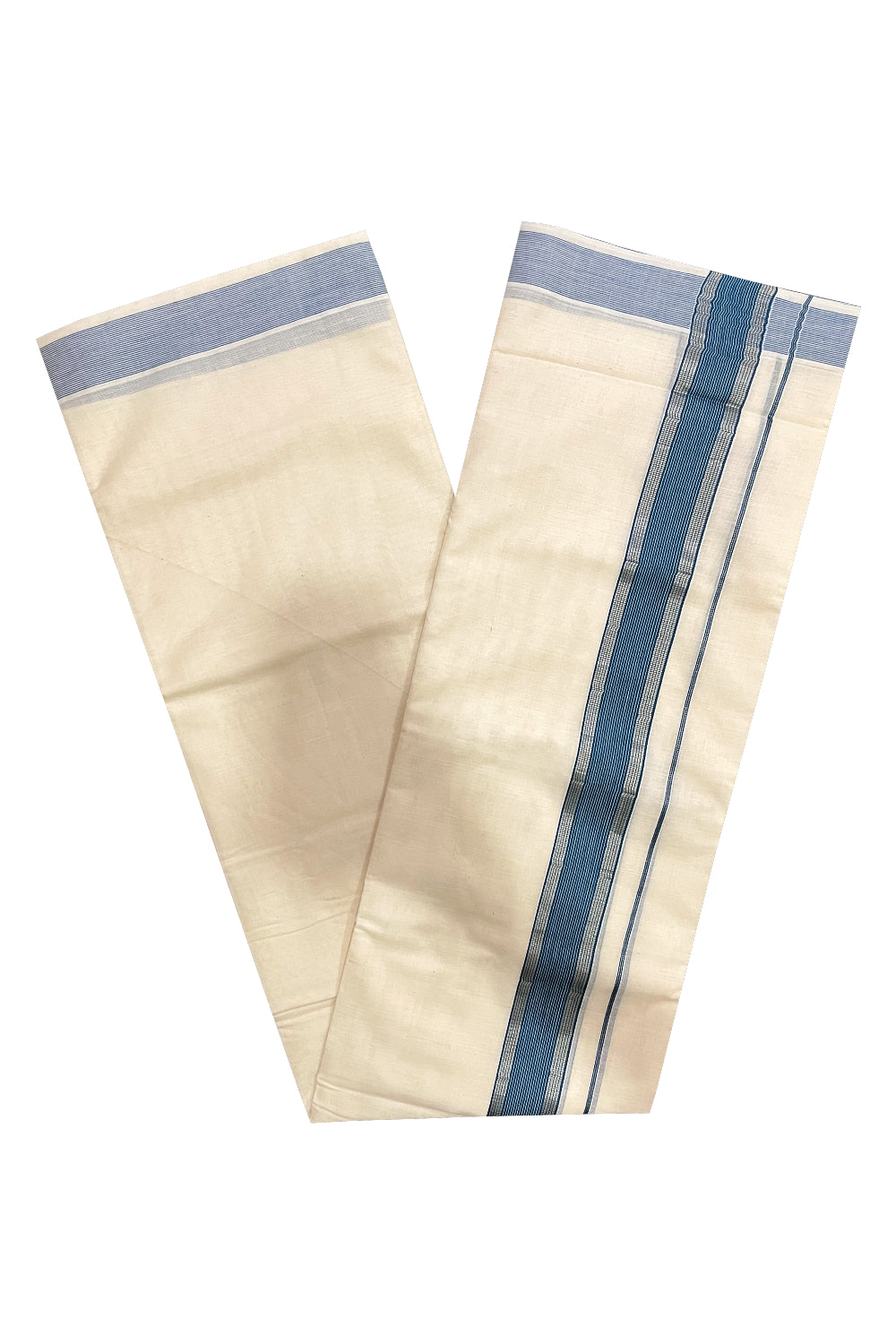 Pure Cotton Kerala Double Mundu with Silver Kasavu and Blue Kara (South Indian Kerala Dhoti)