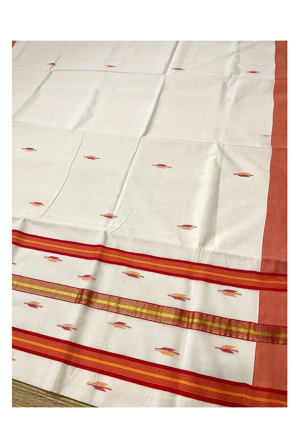 Southloom Premium Unakkupaavu Handloom Cotton Orange Butta Work Kasavu Saree