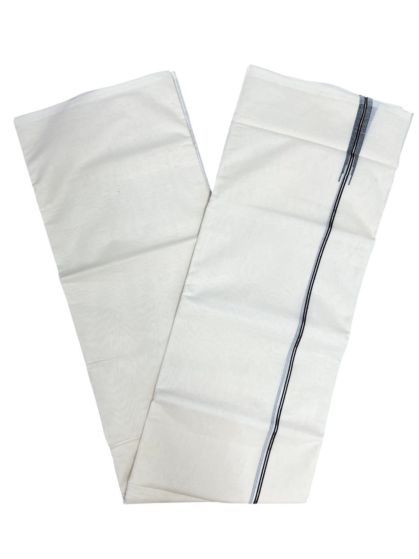 Kerala Pure Cotton Double Mundu with Black And Silver Chutti Kara (South Indian Kerala Dhoti)