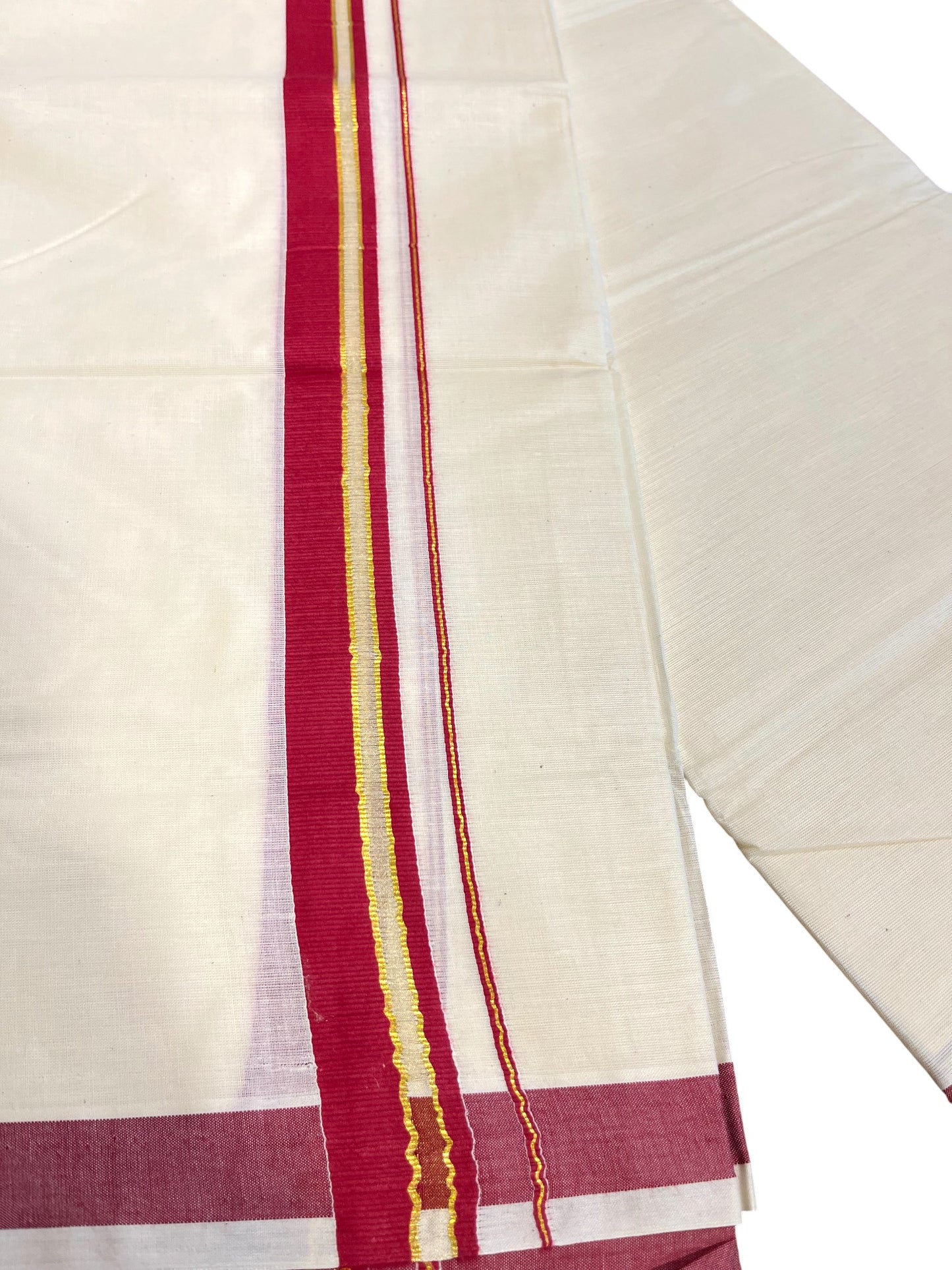 Southloom Kerala Pure Cotton Double Mundu with Gold Lines & Maroon Border (South Indian Dhoti)