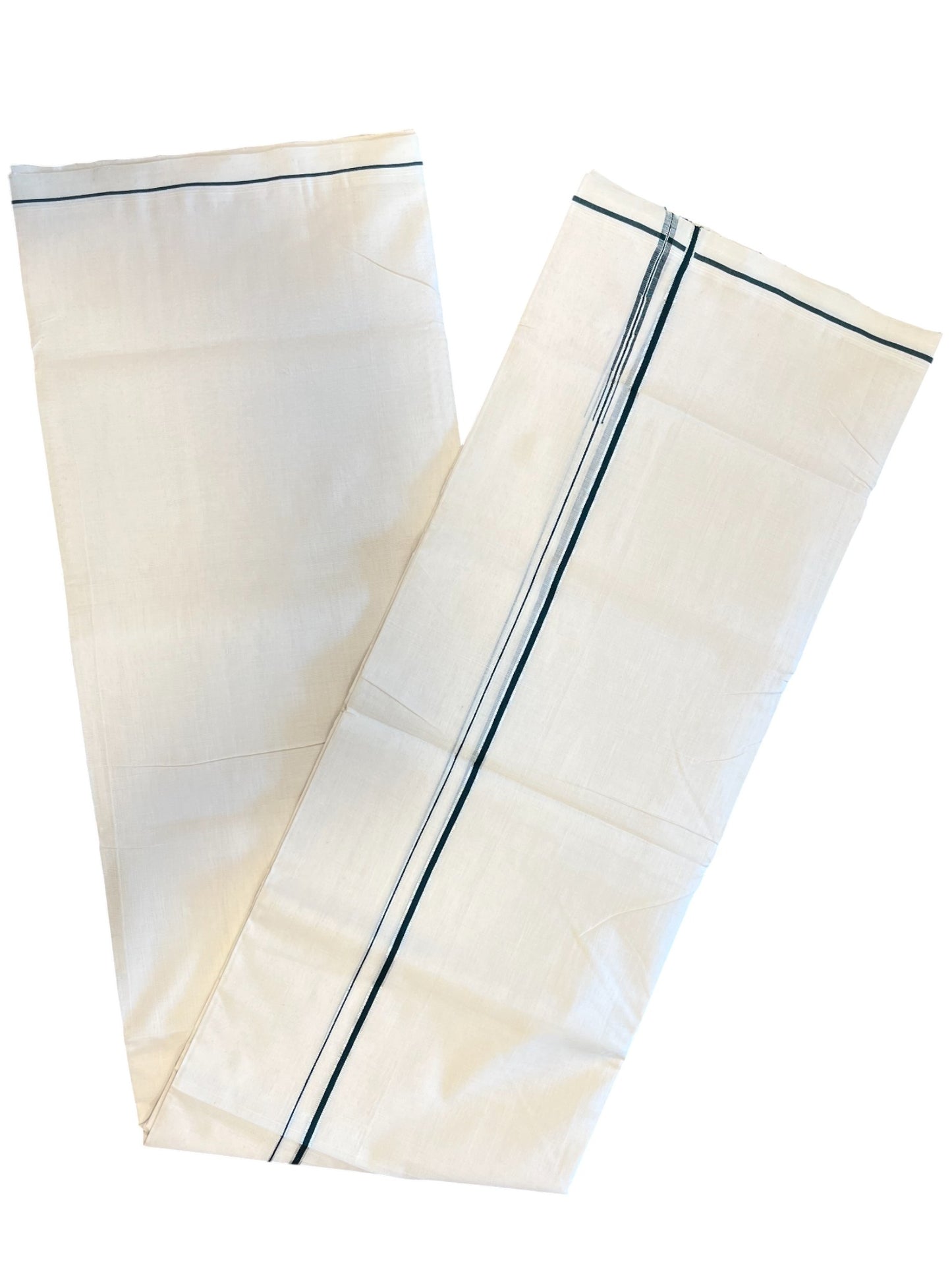 Southloom Premium Handloom Cotton Double Mundu with Silver and Green Chutti Kara Border