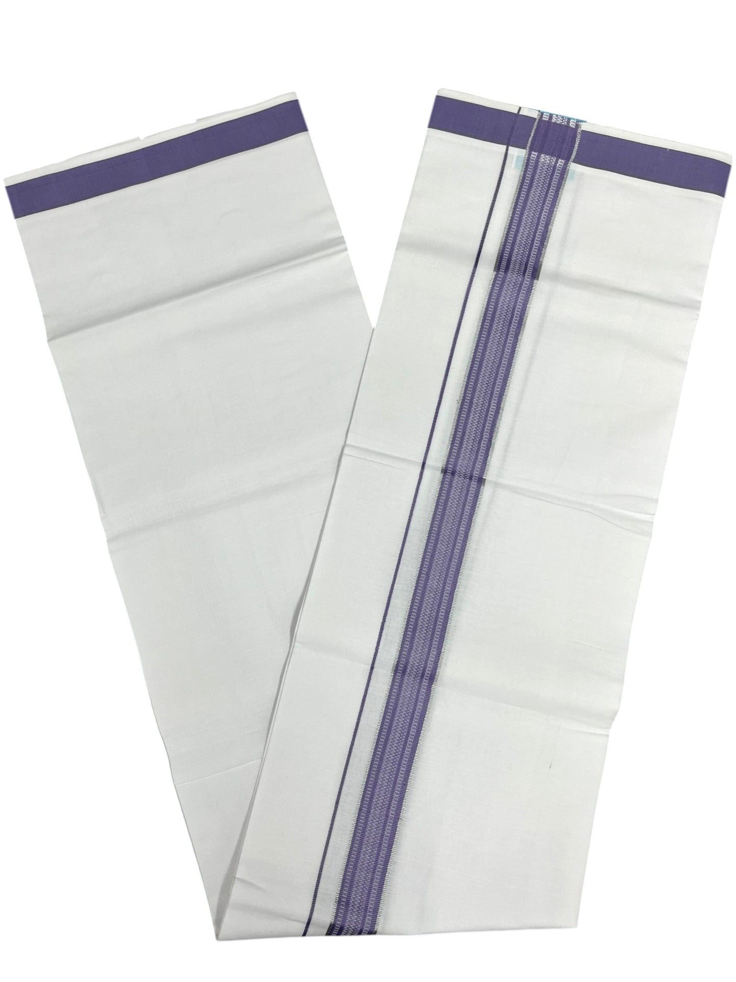 Southloom Pure White Cotton Single Mundu with Silver Line & Lavender Border (South Indian Kerala Dhoti)