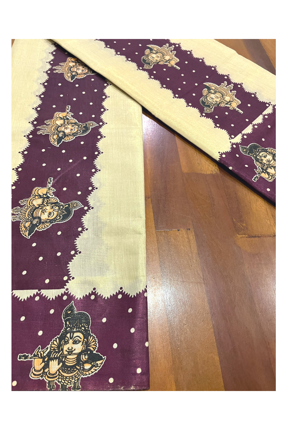 Kerala Tissue Kasavu Set Mundu (Mundum Neriyathum) with Krishna Mural Prints on Maroon Border (Onam Set Mundu 2023)